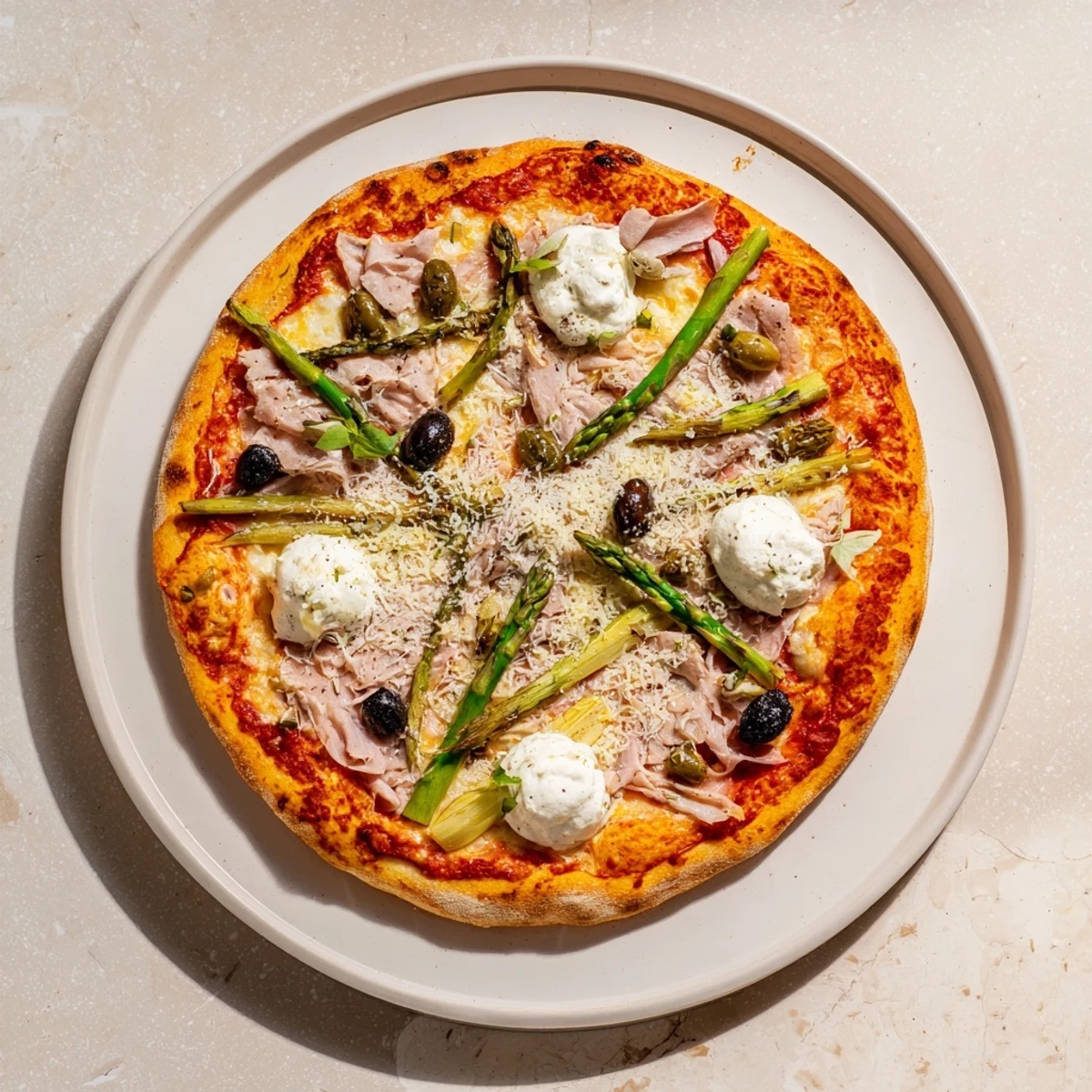 Close-up of golden, crisp Ham, Olive, Asparagus, and Ricotta Pizza fresh from the oven, topped with savory ham slices, briny olives, tender asparagus, and creamy ricotta dollops.  