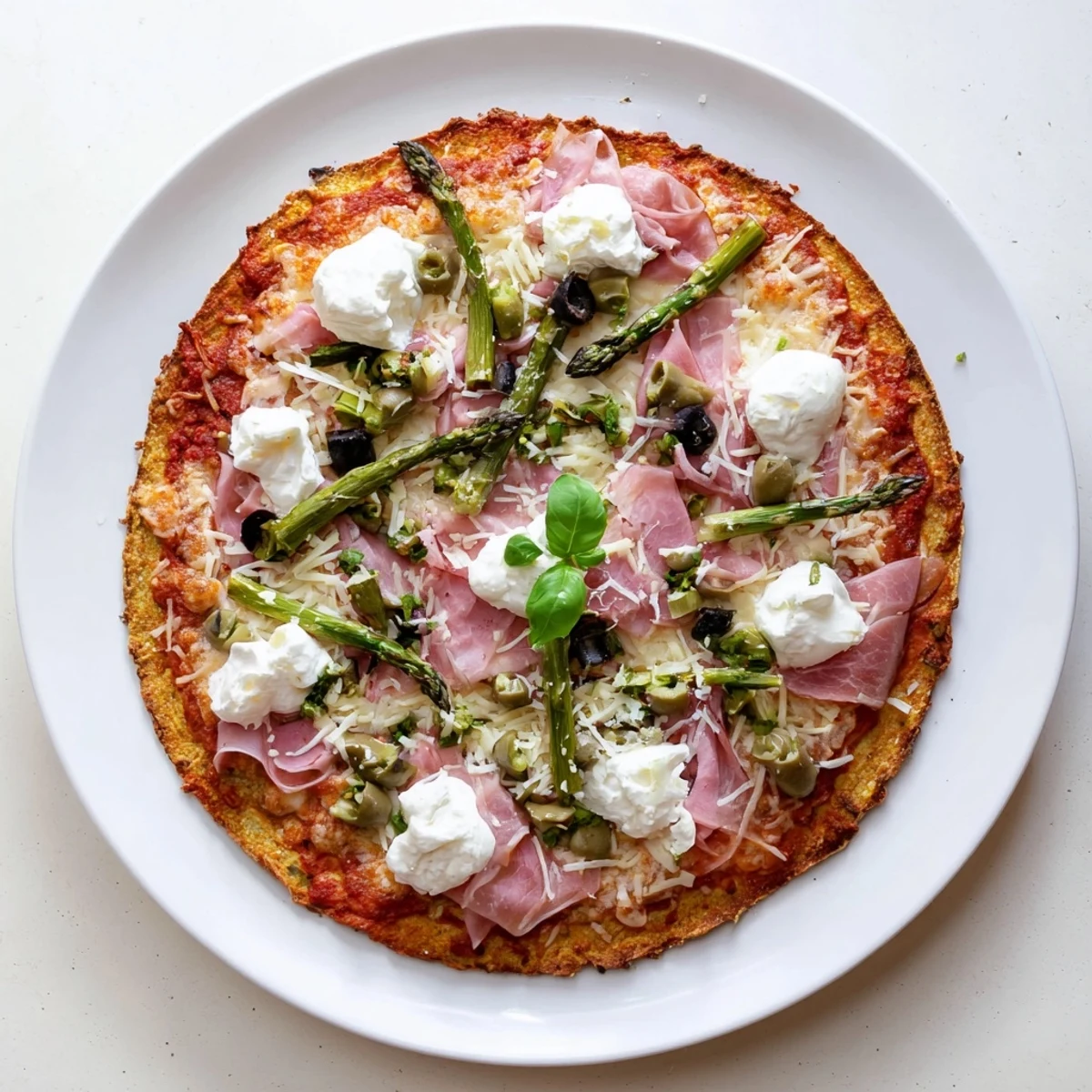 Slice of Ham, Olive, Asparagus, and Ricotta Pizza showing melted mozzarella, vibrant green asparagus, and salty olives on a rustic golden crust ready to serve.  