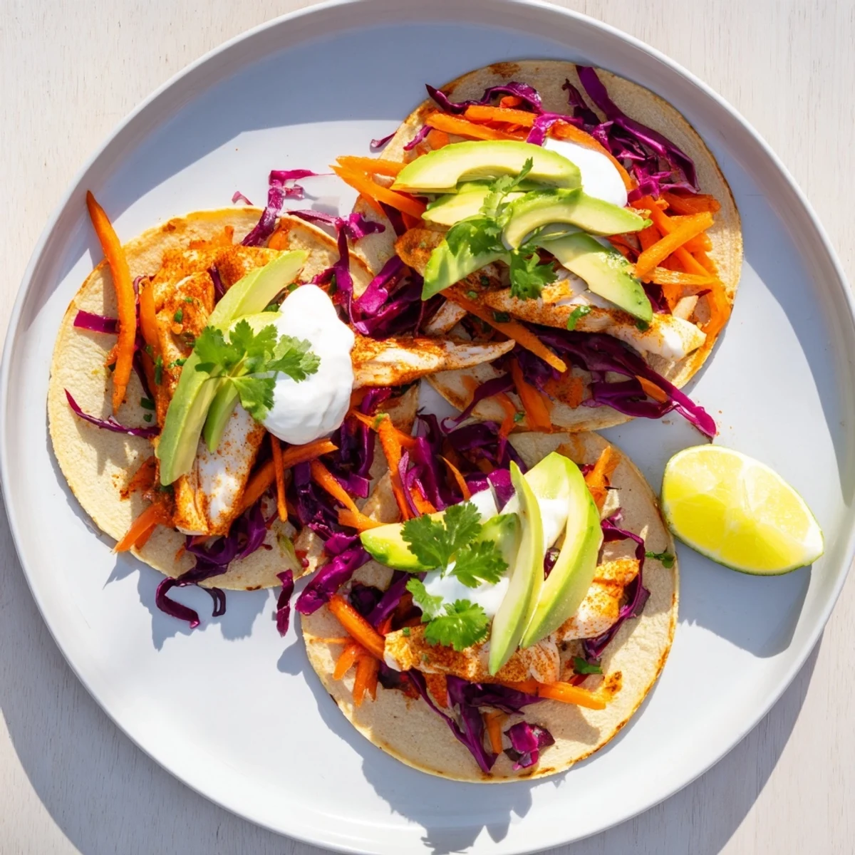 Golden-brown barramundi strips with smoky spices nestled in soft tortillas, topped with fresh avocado and vibrant red cabbage slaw.  