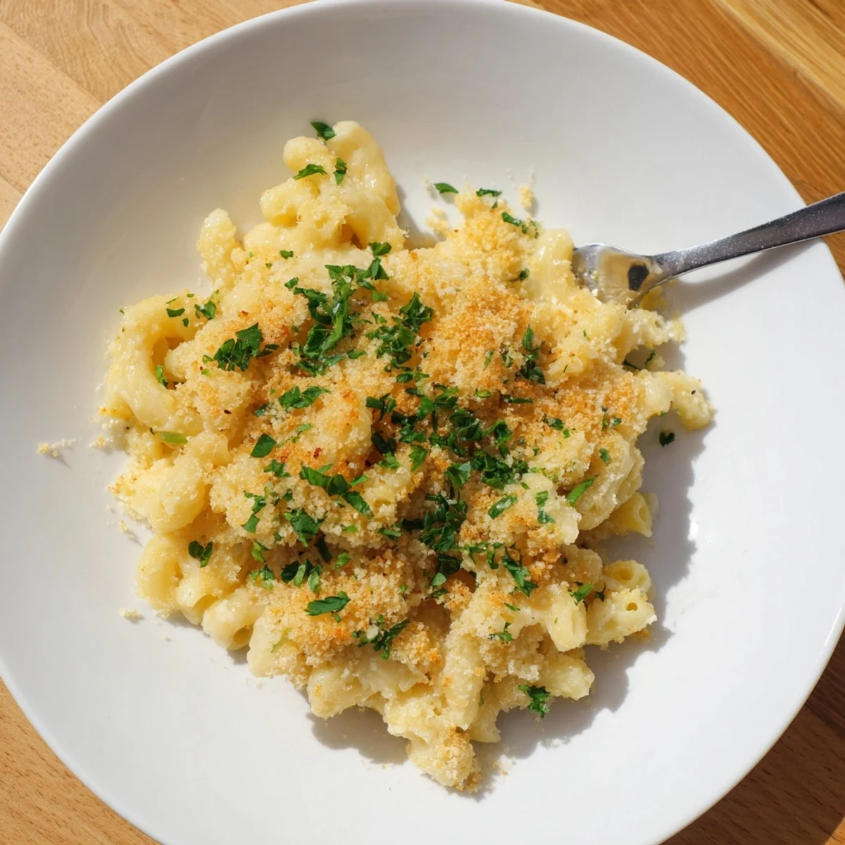 Golden, crispy panko topping covers creamy Baked Mac and Cheese in a white baking dish.