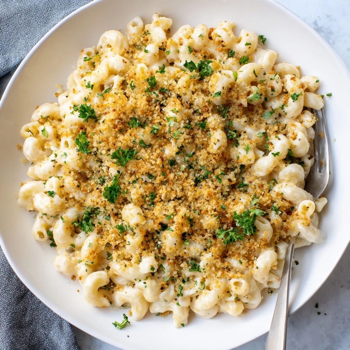 Baked Mac and Cheese served warm in a dish topped with fresh parsley garnish.