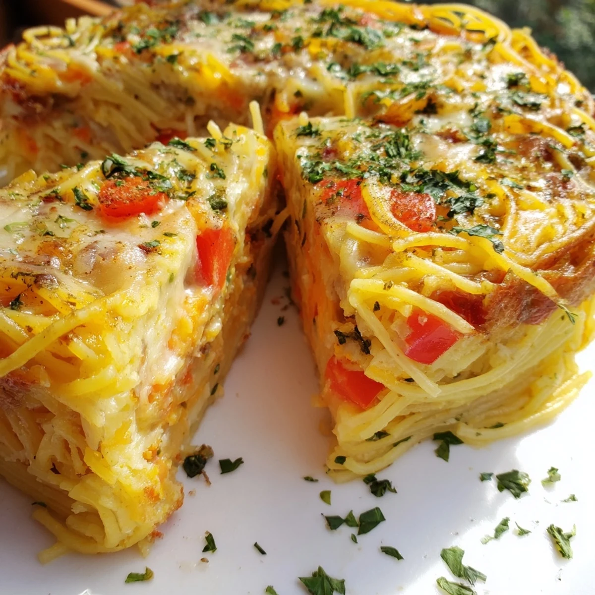 Golden-brown Impossible Pasta Pie emerges from the oven, its cheesy, egg-rich spaghetti filling set firmly within a 9-inch pie dish.