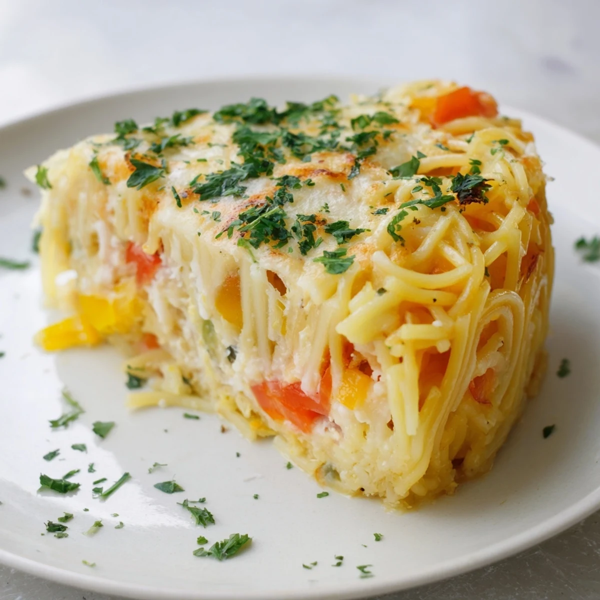 Impossible Pasta Pie rests on a marble counter next to a fresh green salad, ready for a family weeknight dinner.