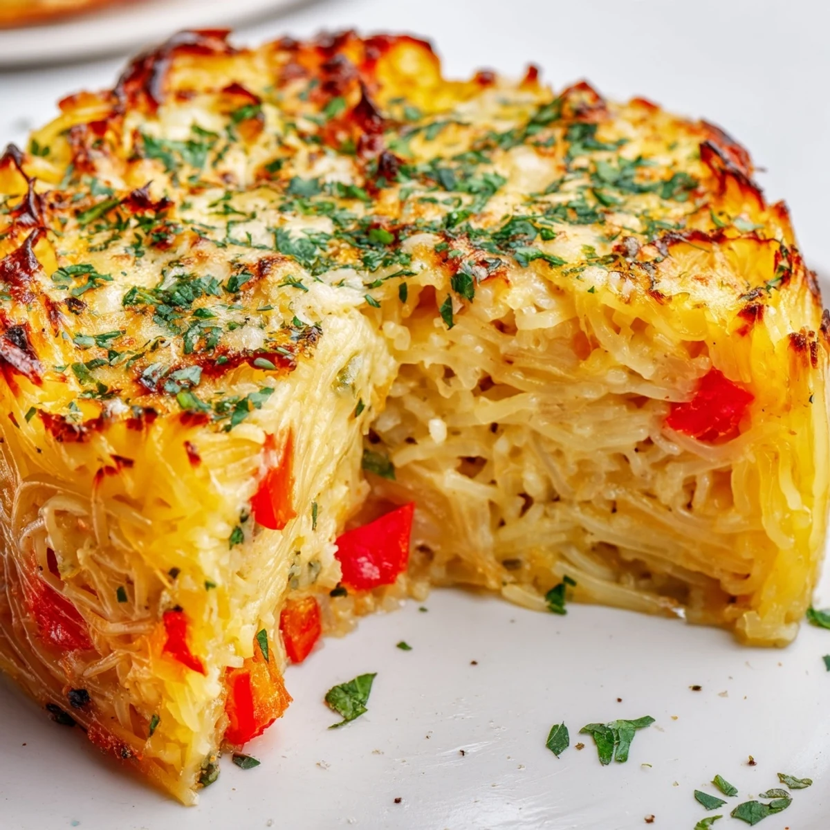 A close-up of a delicious slice of Impossible Pasta Pie shows melted mozzarella and Parmesan on top of tender spaghetti pieces.