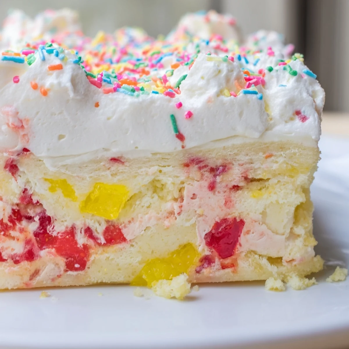 Freshly whipped cream and pastel sprinkles crown this chilled Easter Poke Cake with Vanilla Gelatin and Fruity Topping, perfect for a spring celebration.