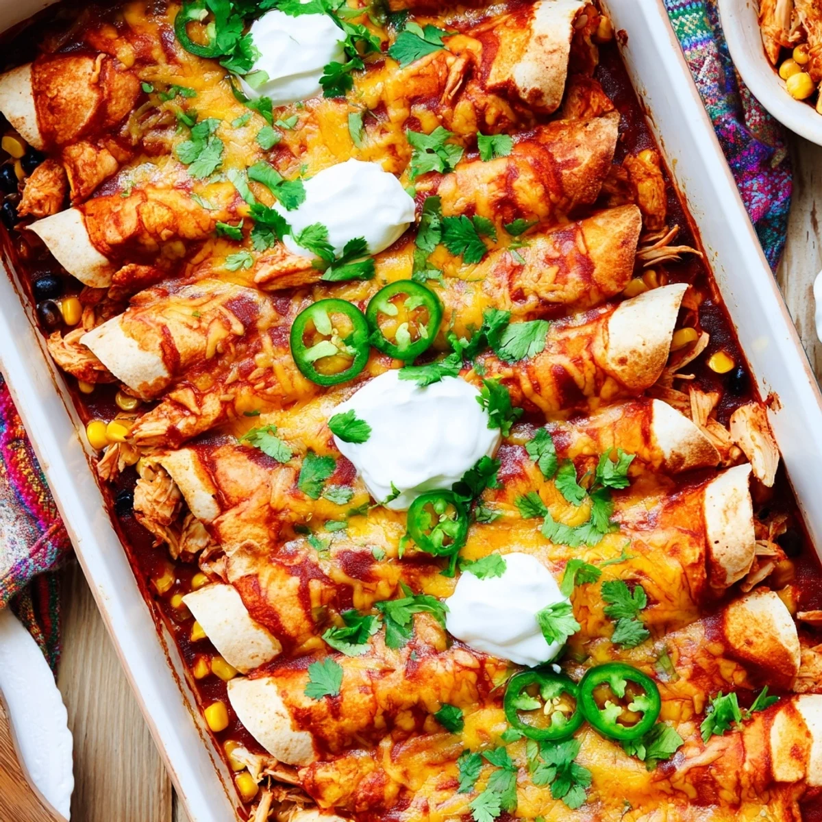 Golden-baked Chicken Enchiladas with melted cheese, topped with fresh cilantro and served with sour cream.