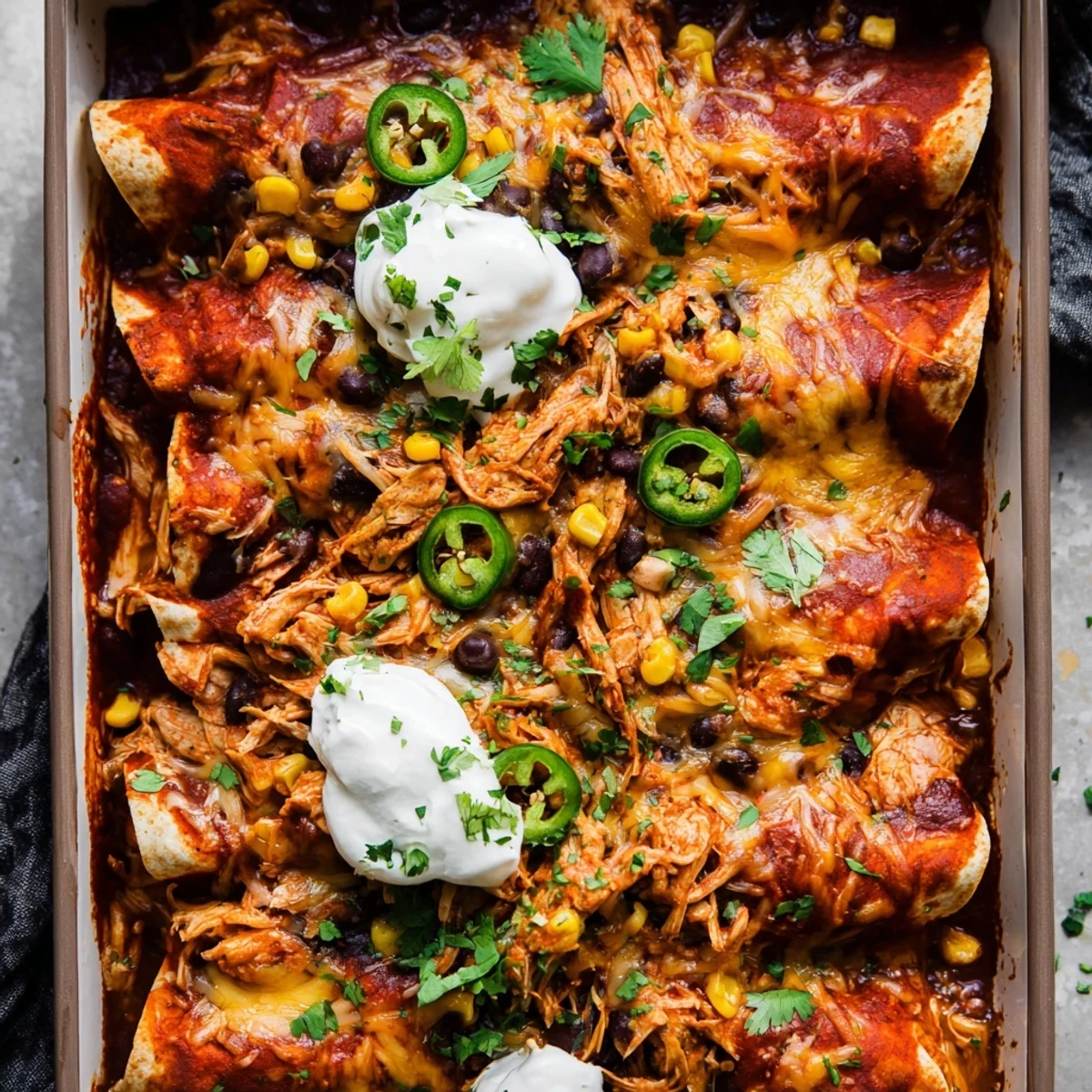 Close-up of Chicken Enchiladas showing tender shredded chicken filling and bubbly Mexican cheese blend topping.