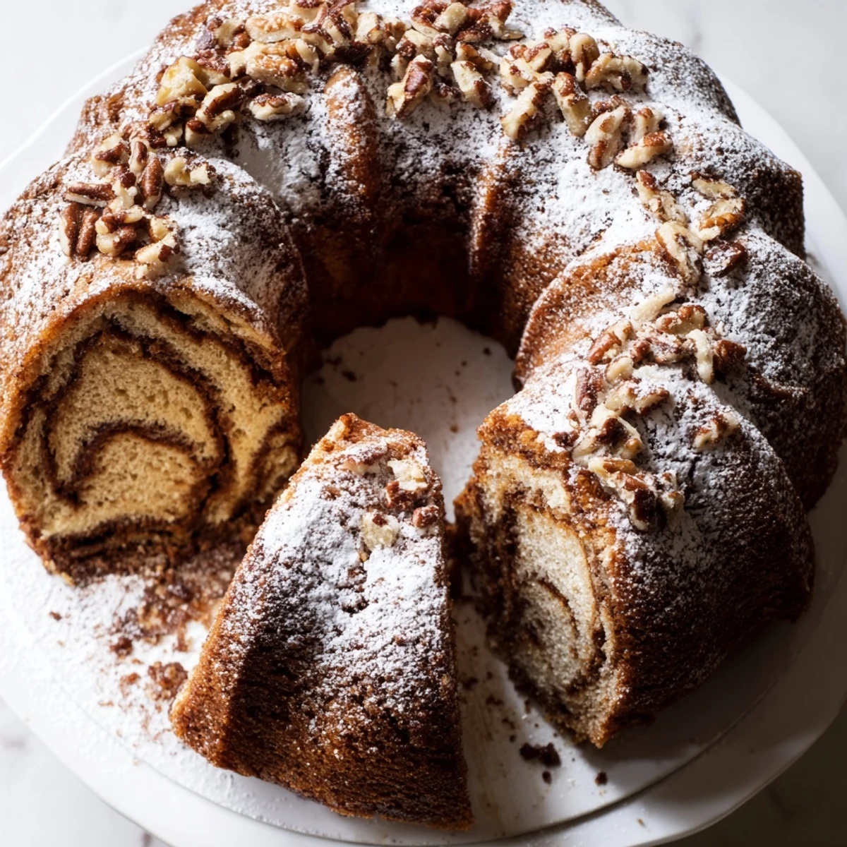 Golden-brown Easy Breakfast Bundt Coffee cake cooling on a wire rack with pecans and morning coffee nearby.  