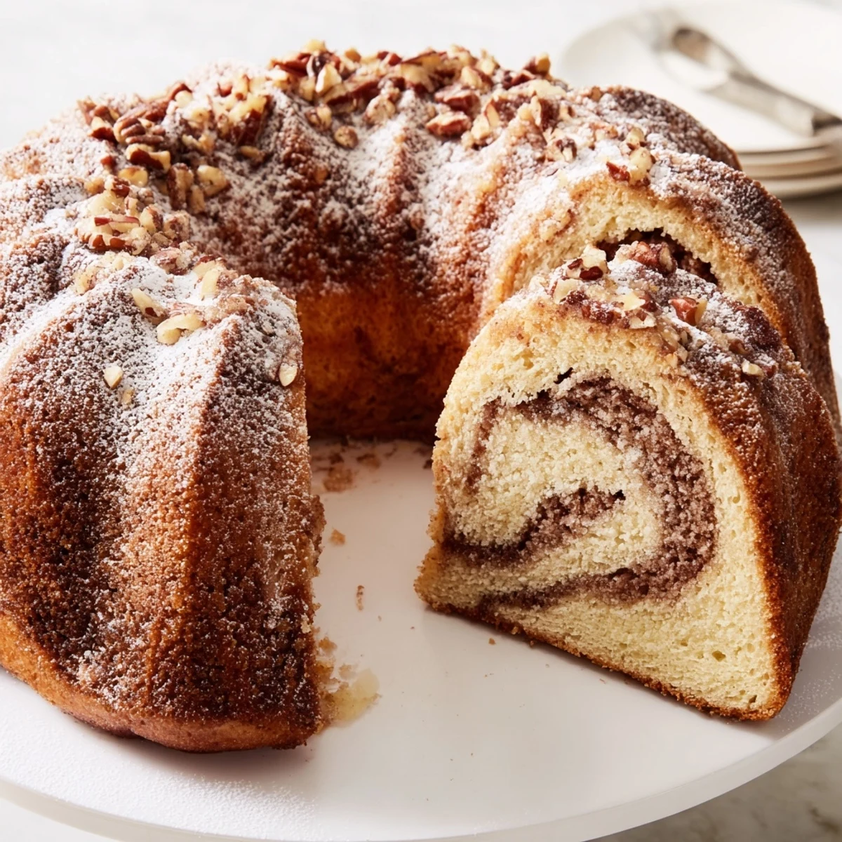 A warm slice of Easy Breakfast Bundt Coffee Cake with cinnamon swirl and powdered sugar dusting on a plate.  