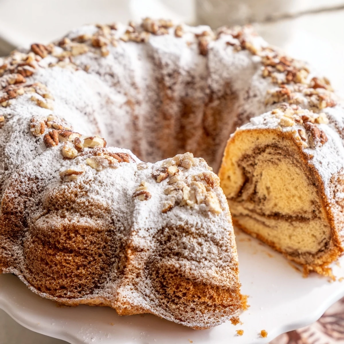Moist, crumbly Easy Breakfast Bundt Coffee Cake sliced to reveal layered cinnamon swirl in a Bundt pan.