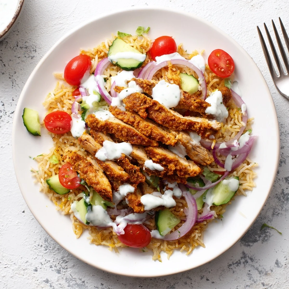 A close-up of Chicken Shawarma Crispy Rice Salad with golden rice, marinated chicken, and fresh veggies drizzled with yogurt dressing.