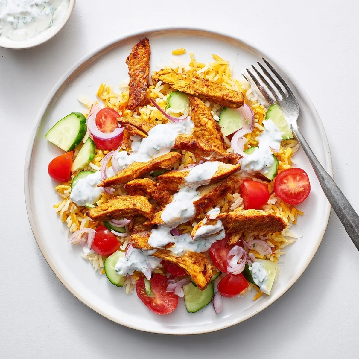 Overhead view of Chicken Shawarma Crispy Rice Salad in a white bowl, featuring crunchy cucumbers, cherry tomatoes, and red onion.