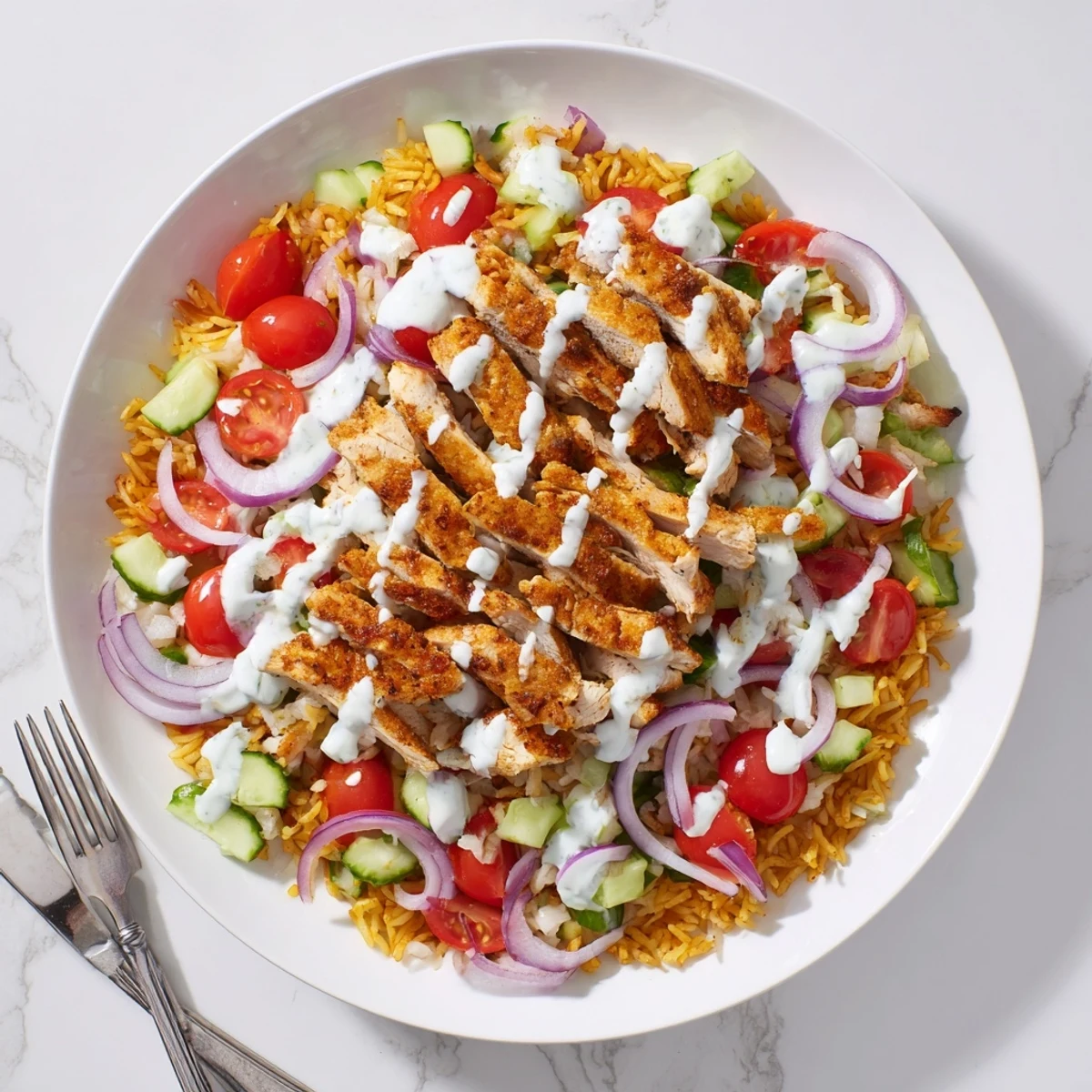 Colorful plated Chicken Shawarma Crispy Rice Salad topped with tangy Greek yogurt and garnished with fresh herbs for serving.
