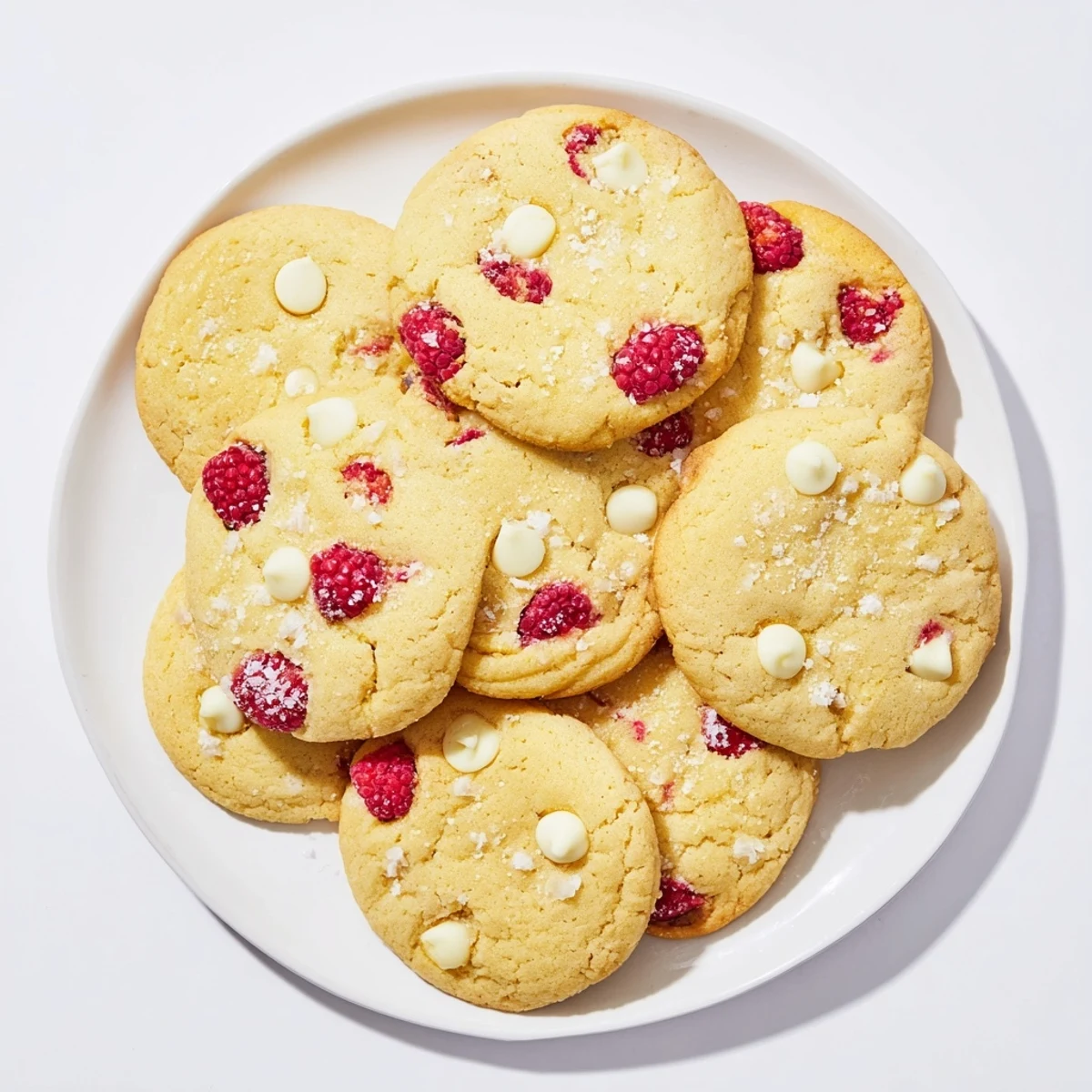 Lemon raspberry cookies studded with fresh berries beside a glass of iced tea on a napkin.