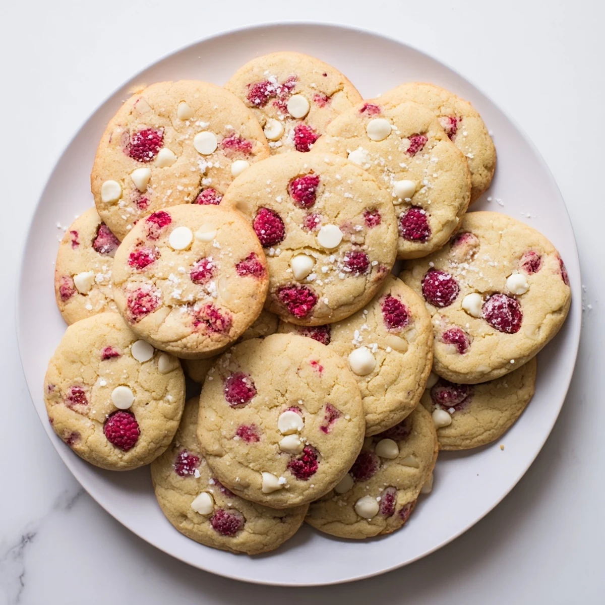 Homemade lemon raspberry cookies on a parchment-lined baking sheet with coarse sugar sparkle.