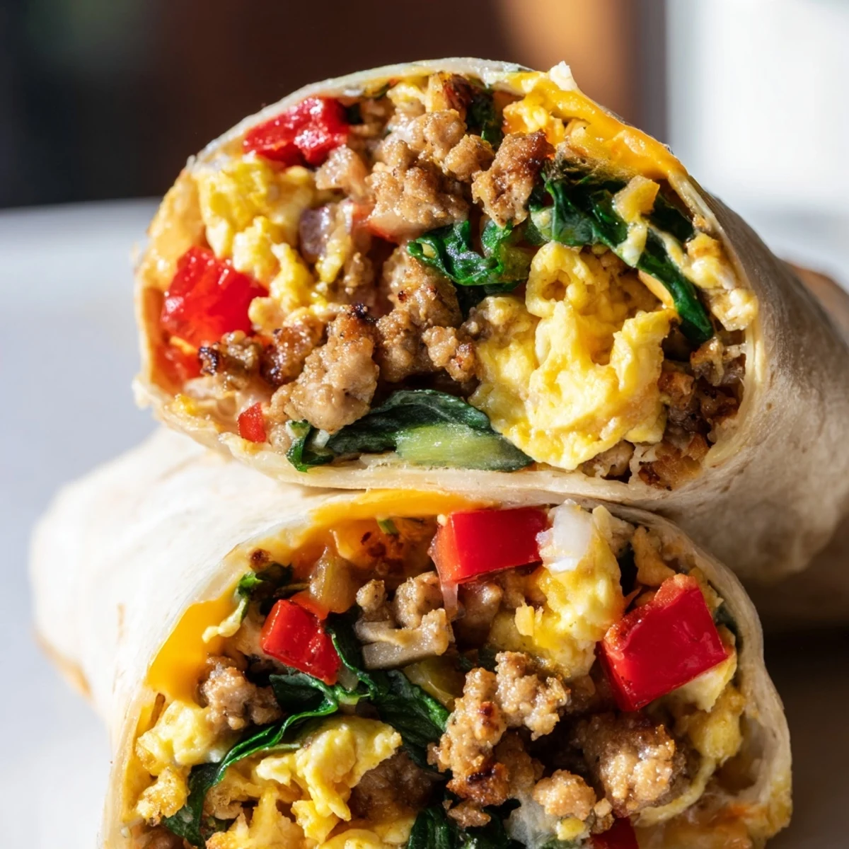 Golden flour tortillas hold colorful Make-Ahead Breakfast Burritos with eggs, peppers, and spinach for serving.