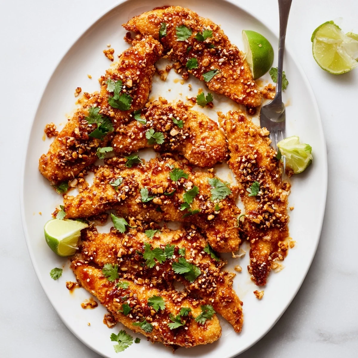 Golden-baked Thai Sticky Chicken Fingers coated in a glossy, sweet and spicy sauce garnished with sesame seeds.
