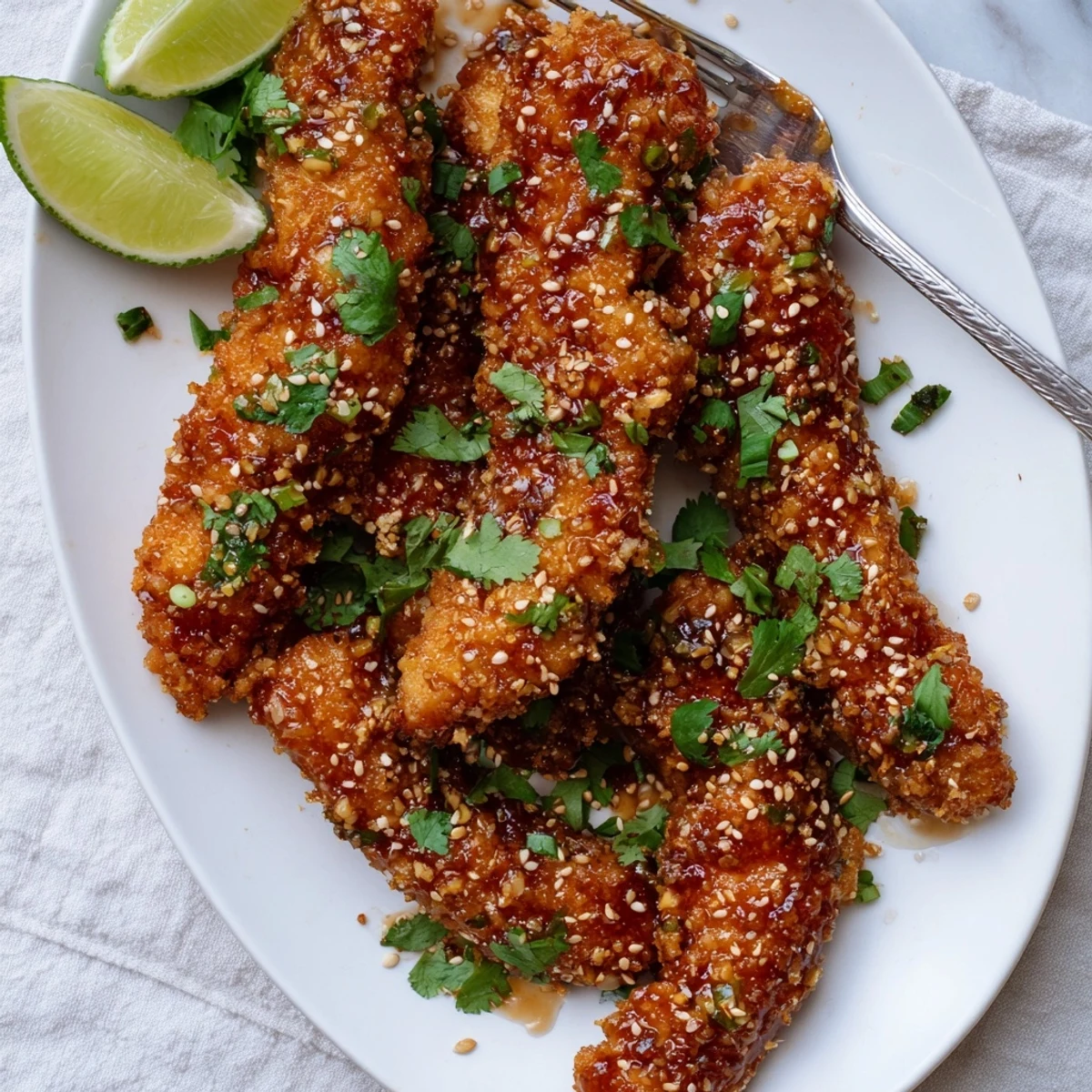 Savory Thai Sticky Chicken Fingers tossed in sticky sauce, perfect for a game day appetizer or dinner.
