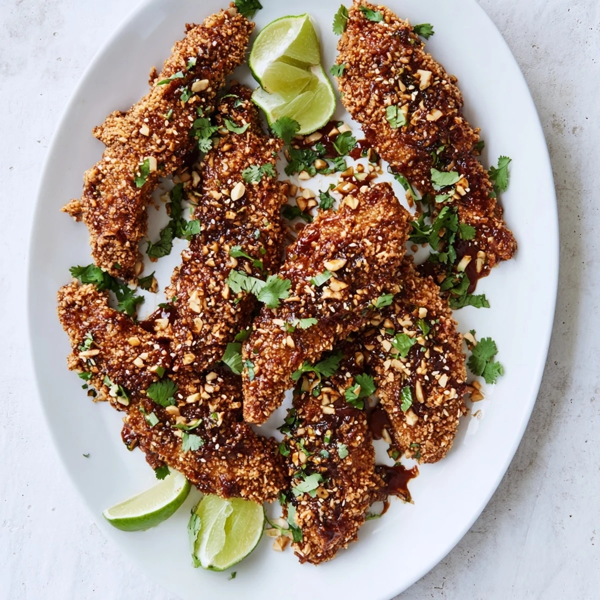 Crispy Thai Sticky Chicken Fingers served hot with lime wedges and fresh cilantro on a rustic platter.