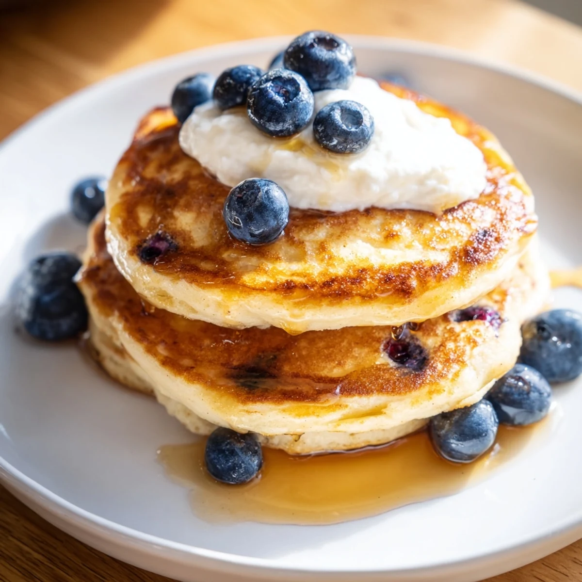 Fluffy Greek Yogurt Blueberry Pancakes stacked high with warm maple syrup and fresh berries.