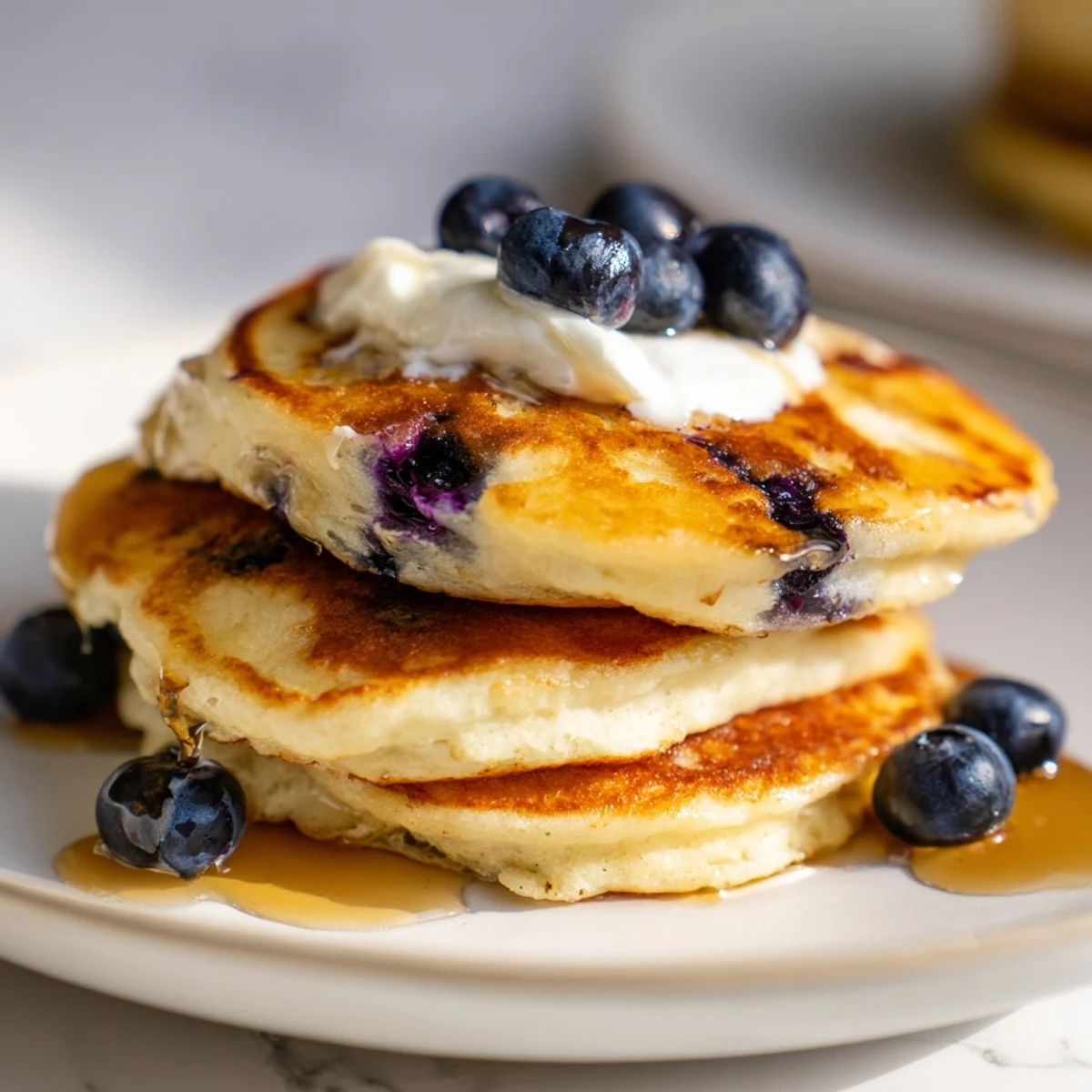 Golden Greek Yogurt Blueberry Pancakes sizzling in a skillet, filled with juicy blueberries.