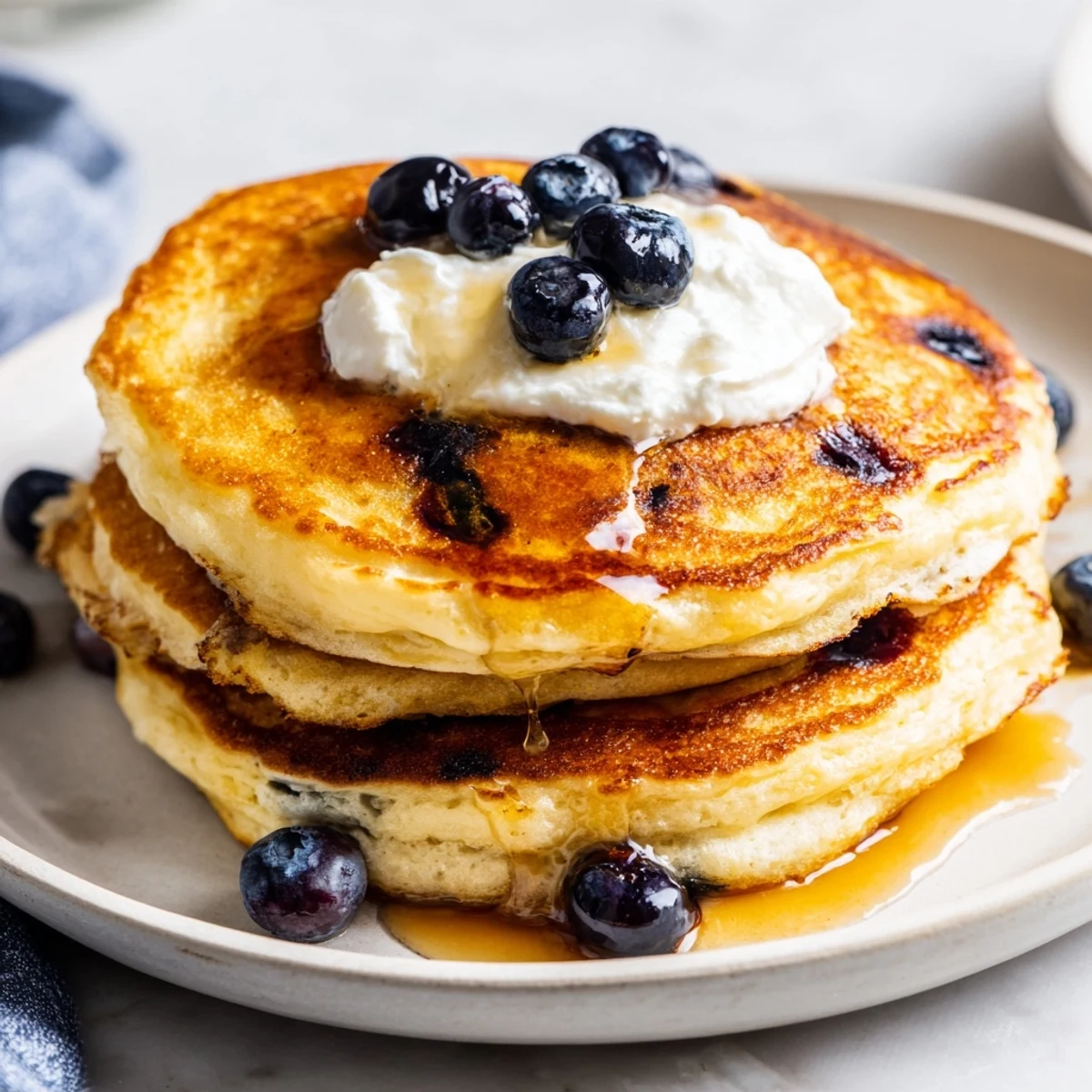 A plate of Greek Yogurt Blueberry Pancakes topped with extra yogurt and lemon zest.