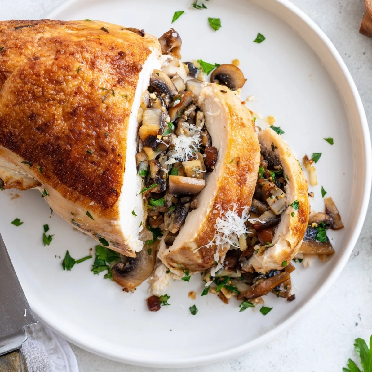 Golden seared mushroom stuffed chicken breast with juicy herbs and melted cheese on white plate