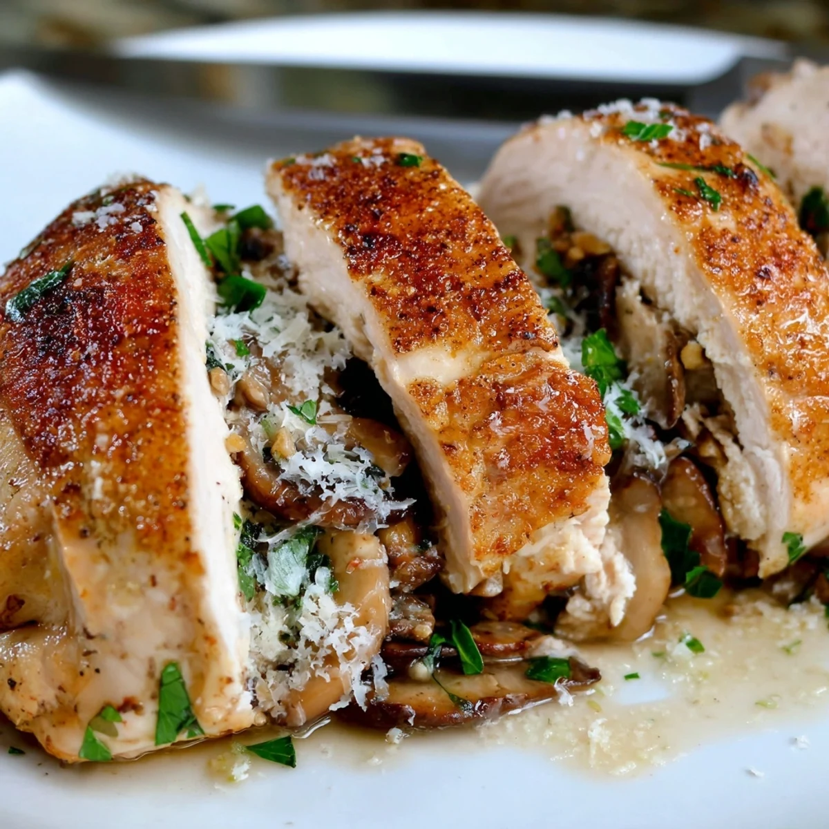 Oven baked mushroom stuffed chicken breast garnished with fresh parsley served for elegant dinner