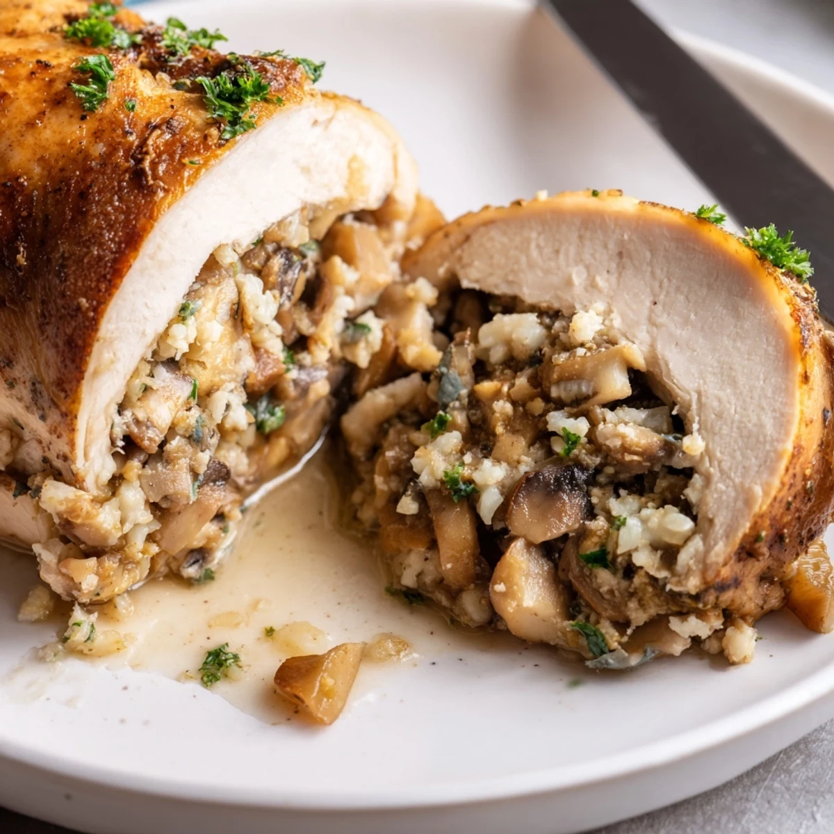 Succulent baked chicken breasts filled with savory mushroom garlic mixture sliced to show tender filling