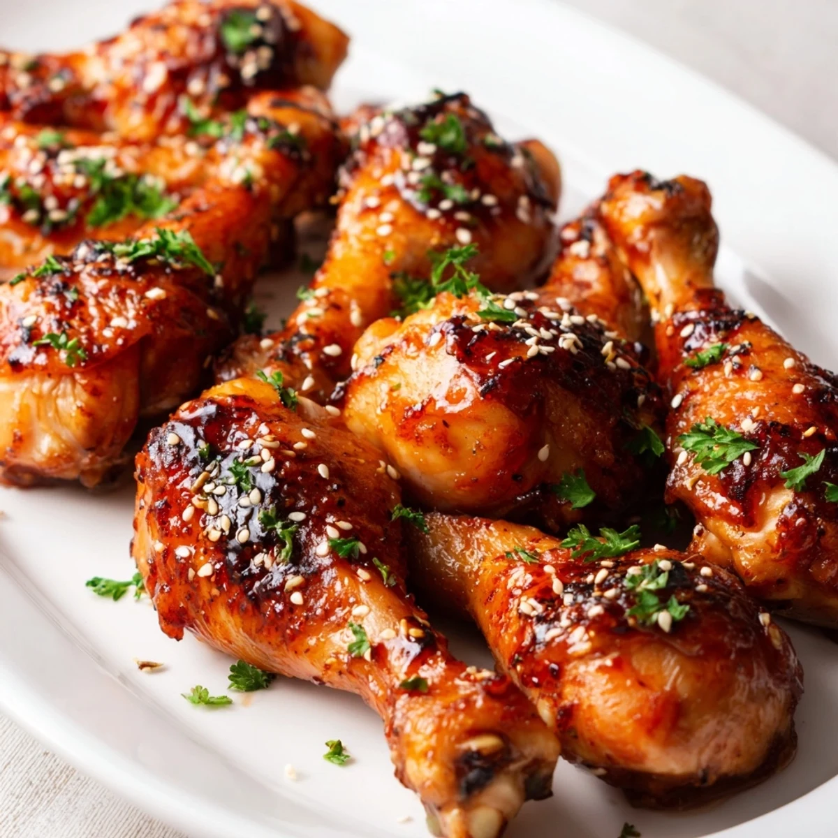 Golden honey garlic baked chicken drumsticks with caramelized sticky glaze and fresh parsley garnish