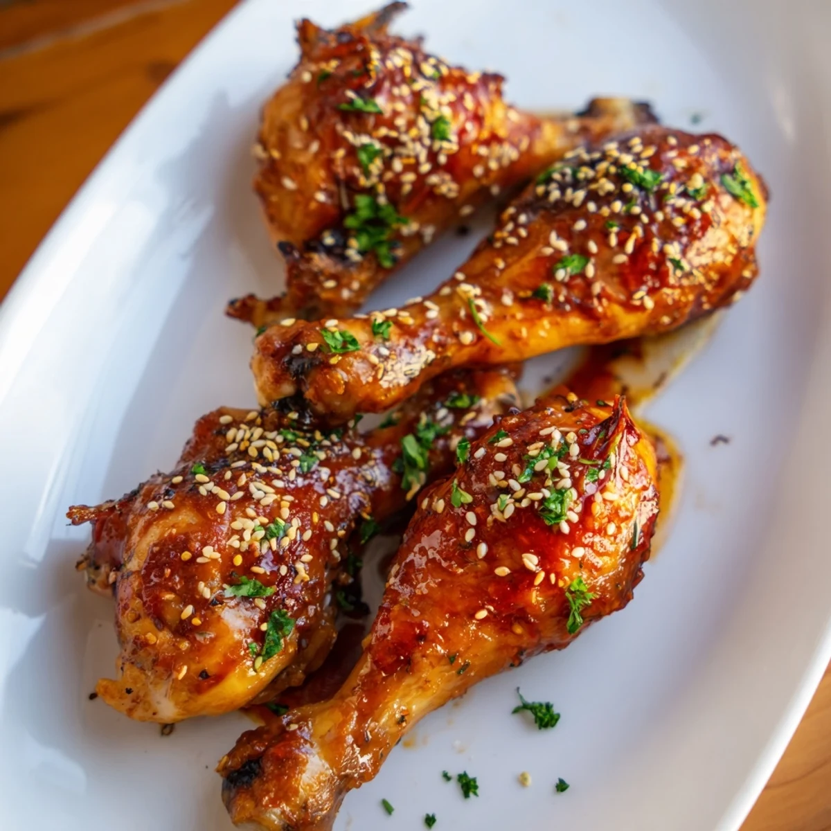 Oven-baked chicken drumsticks coated in sweet honey garlic marinade with sesame seed topping