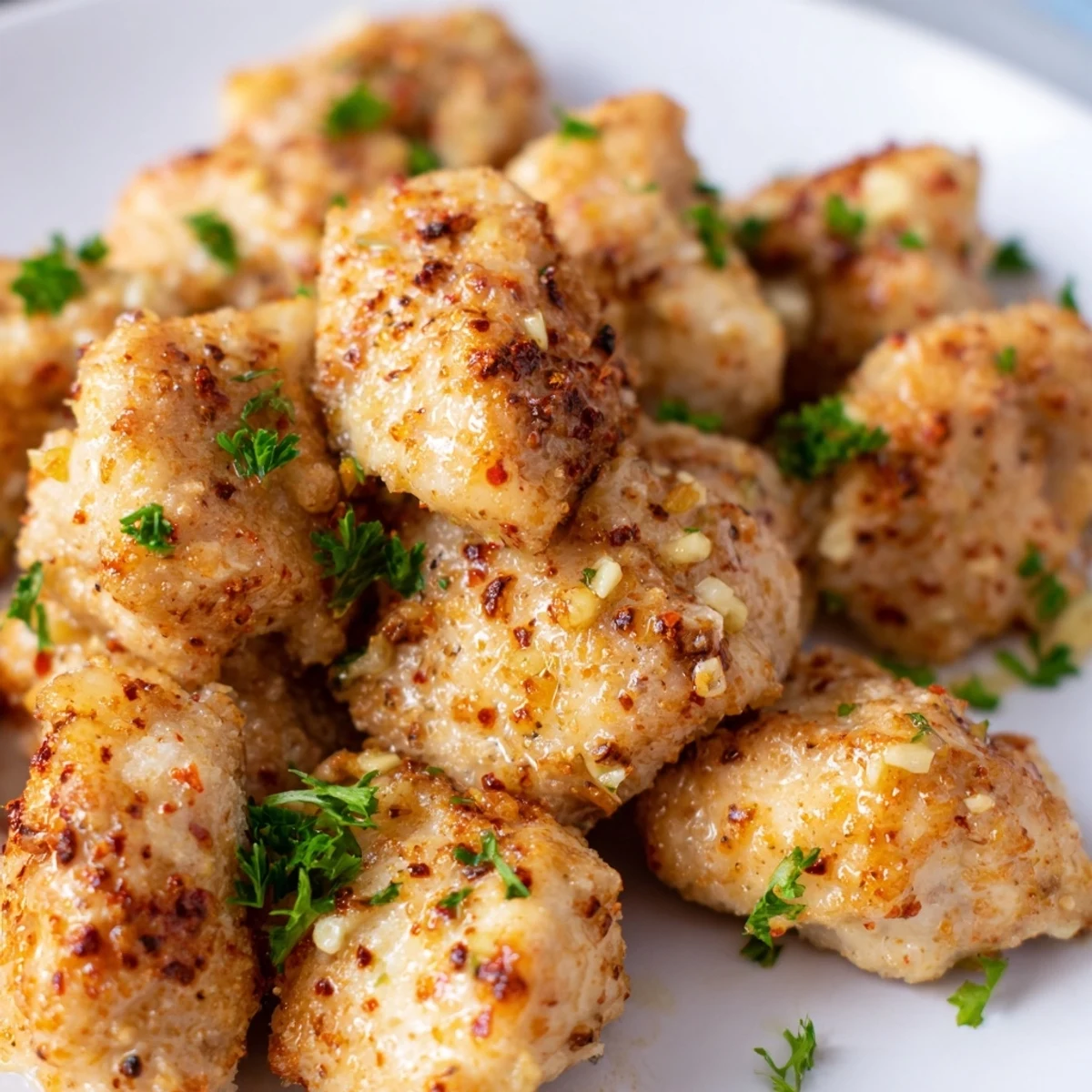 Tender juicy Air Fryer Lemon Chicken Bits arranged in a basket with crispy golden exteriors and moist interiors
