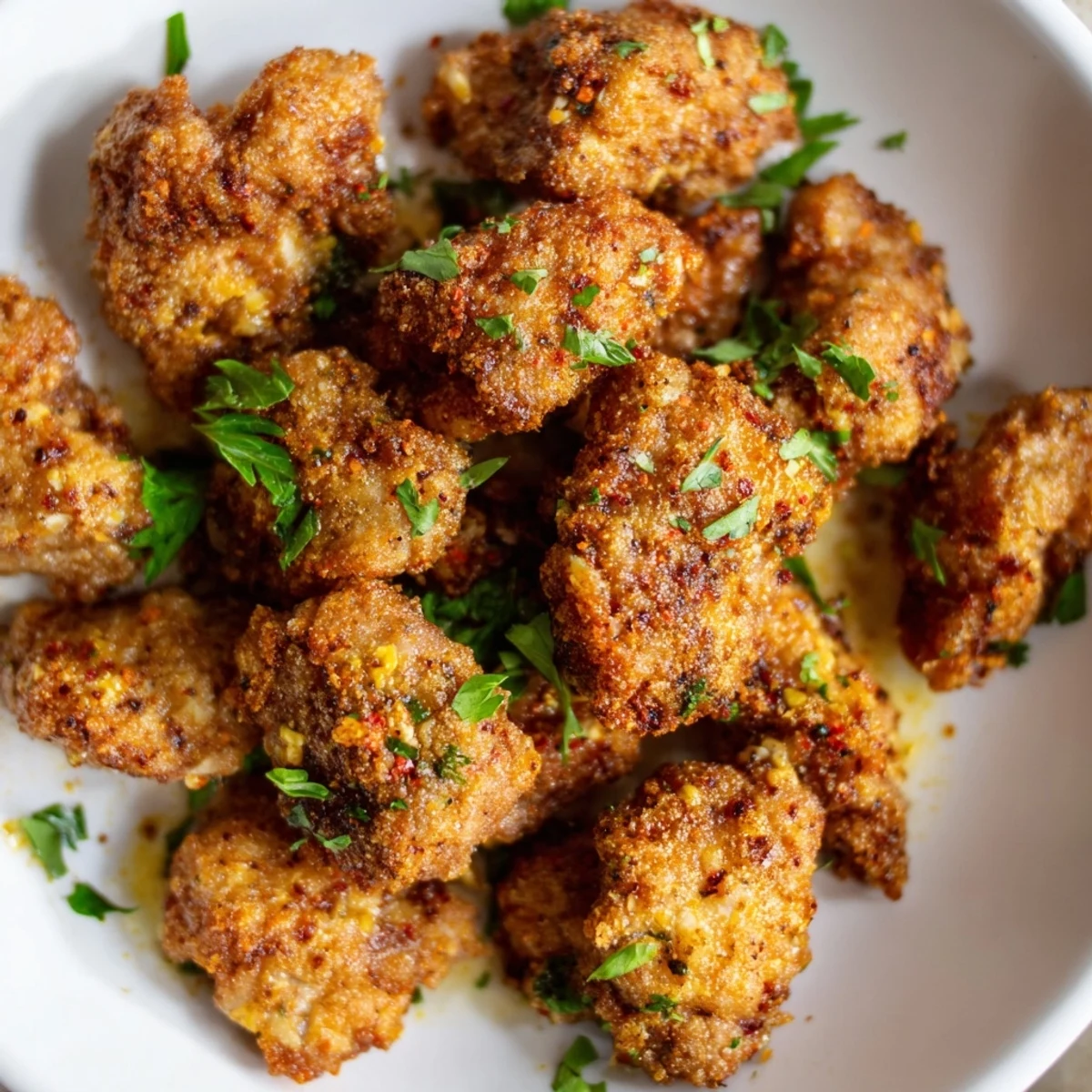 Golden brown Air Fryer Lemon Chicken Bites garnished with fresh parsley and lemon wedges on a white serving plate