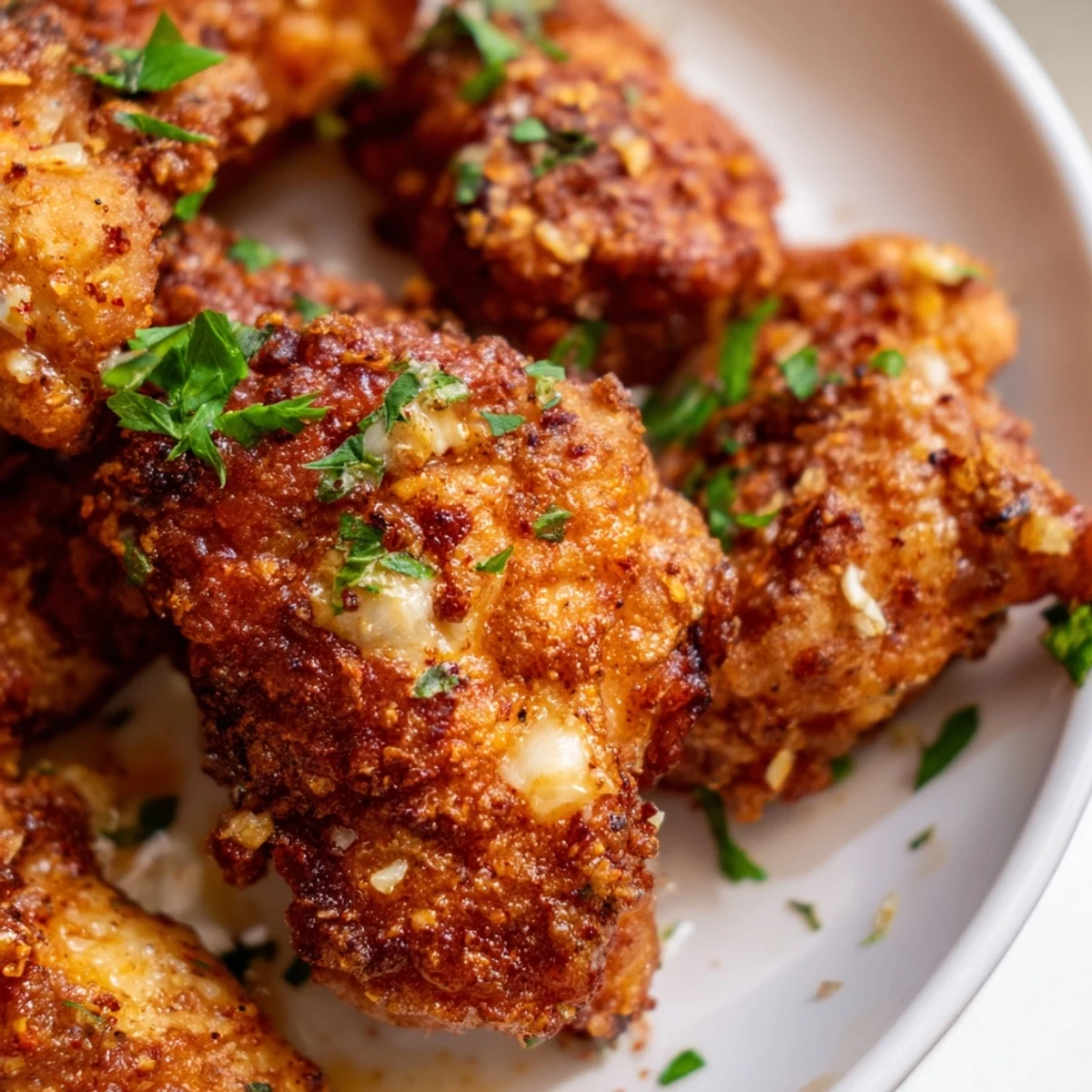 Close up of Air Fryer Lemon Chicken Bites showing herb seasoned crispy coating alongside bright lemon garnish