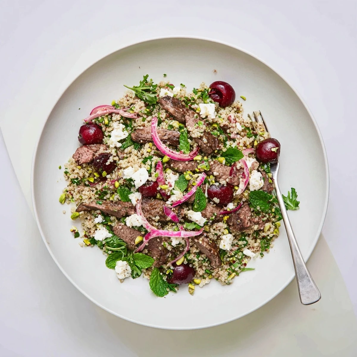 Vibrant cherry quinoa salad with tender spiced lamb, fresh herbs, and crumbled feta in a bowl