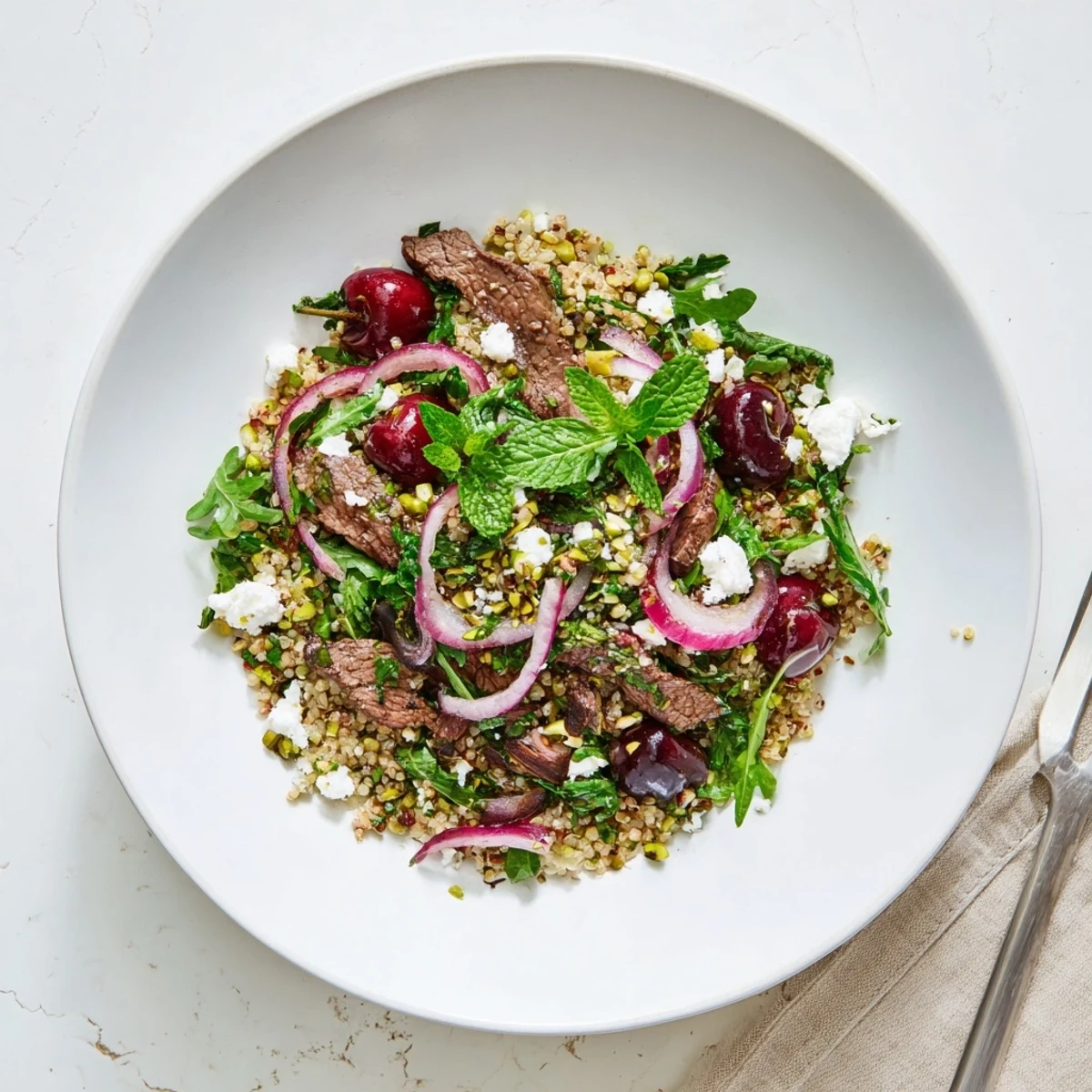 Mediterranean-style cherry quinoa salad featuring juicy cherries, fluffy quinoa, and seared lamb strips with pistachios