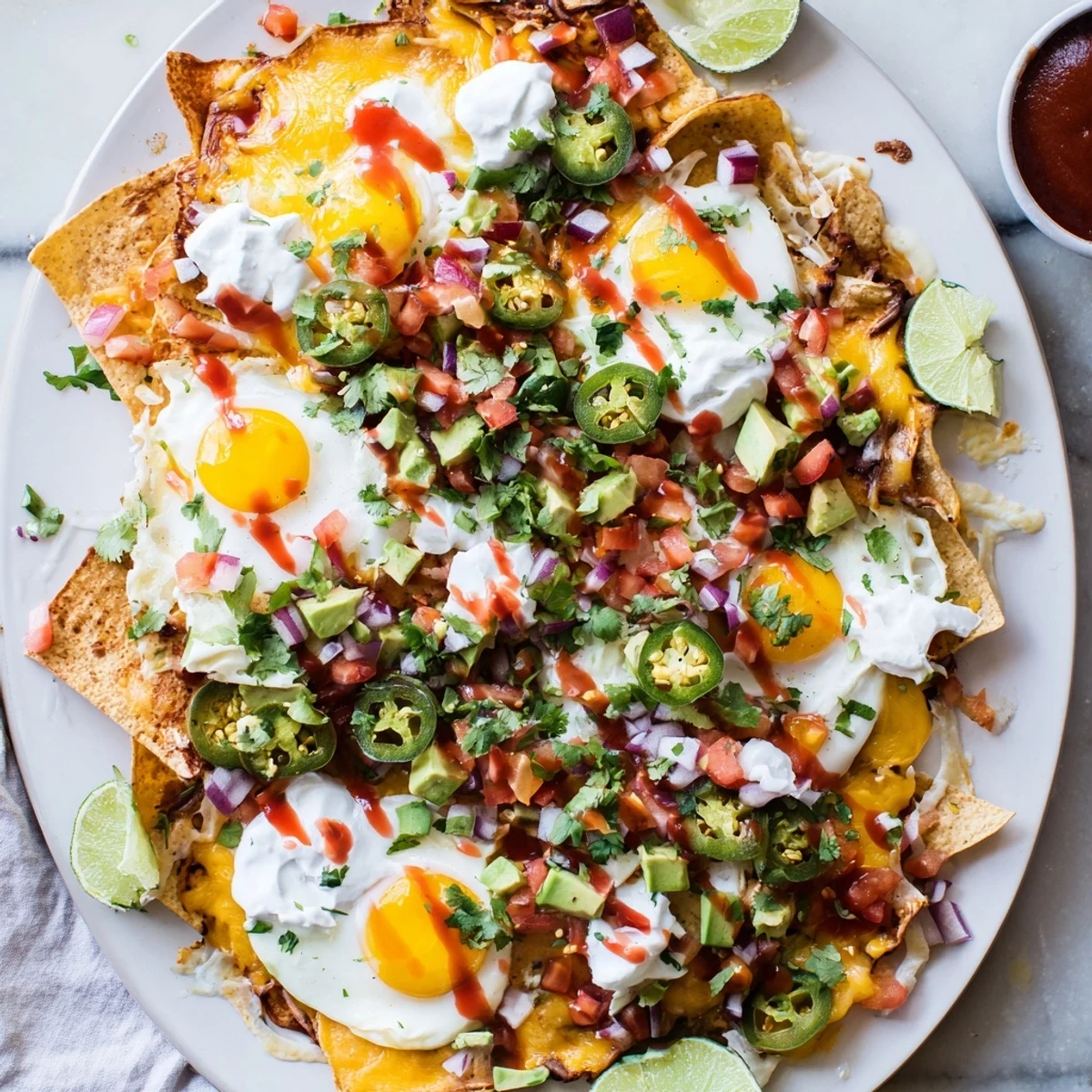 Golden cheesy Mexican egg nachos topped with runny sunny-side up eggs, fresh cilantro, and creamy avocado slices