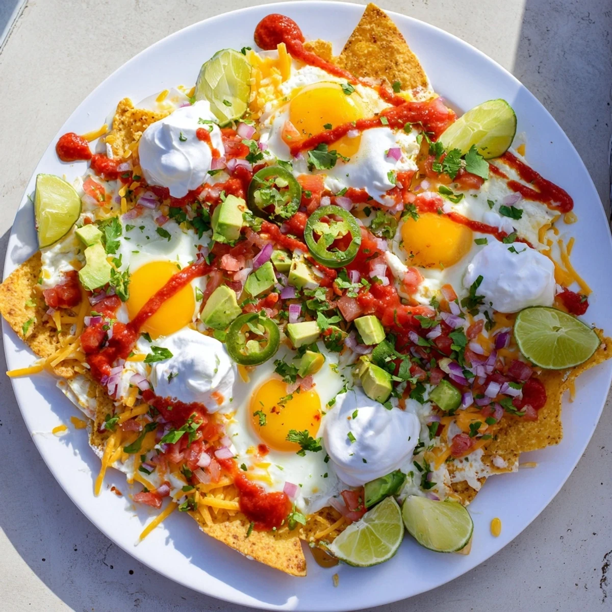Crispy tortilla chips loaded with melted cheddar, perfectly cooked eggs, and vibrant toppings for a festive breakfast spread