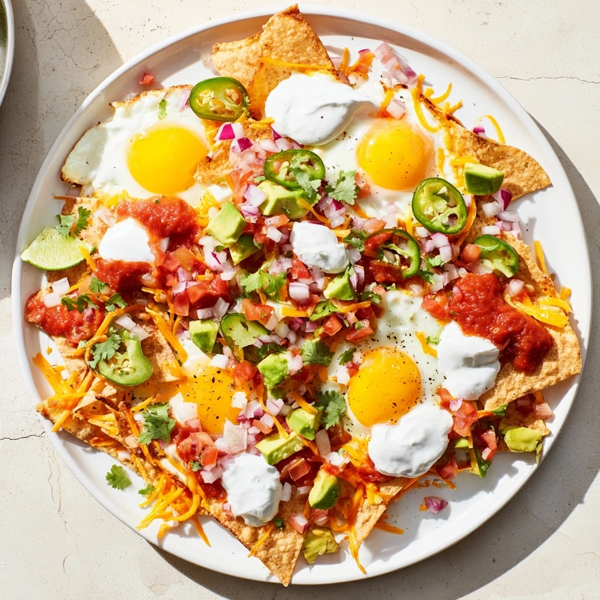 Hearty plate of Mexican egg nachos featuring zesty salsa, diced tomatoes, sour cream, and fluffy fried eggs over crunchy chips