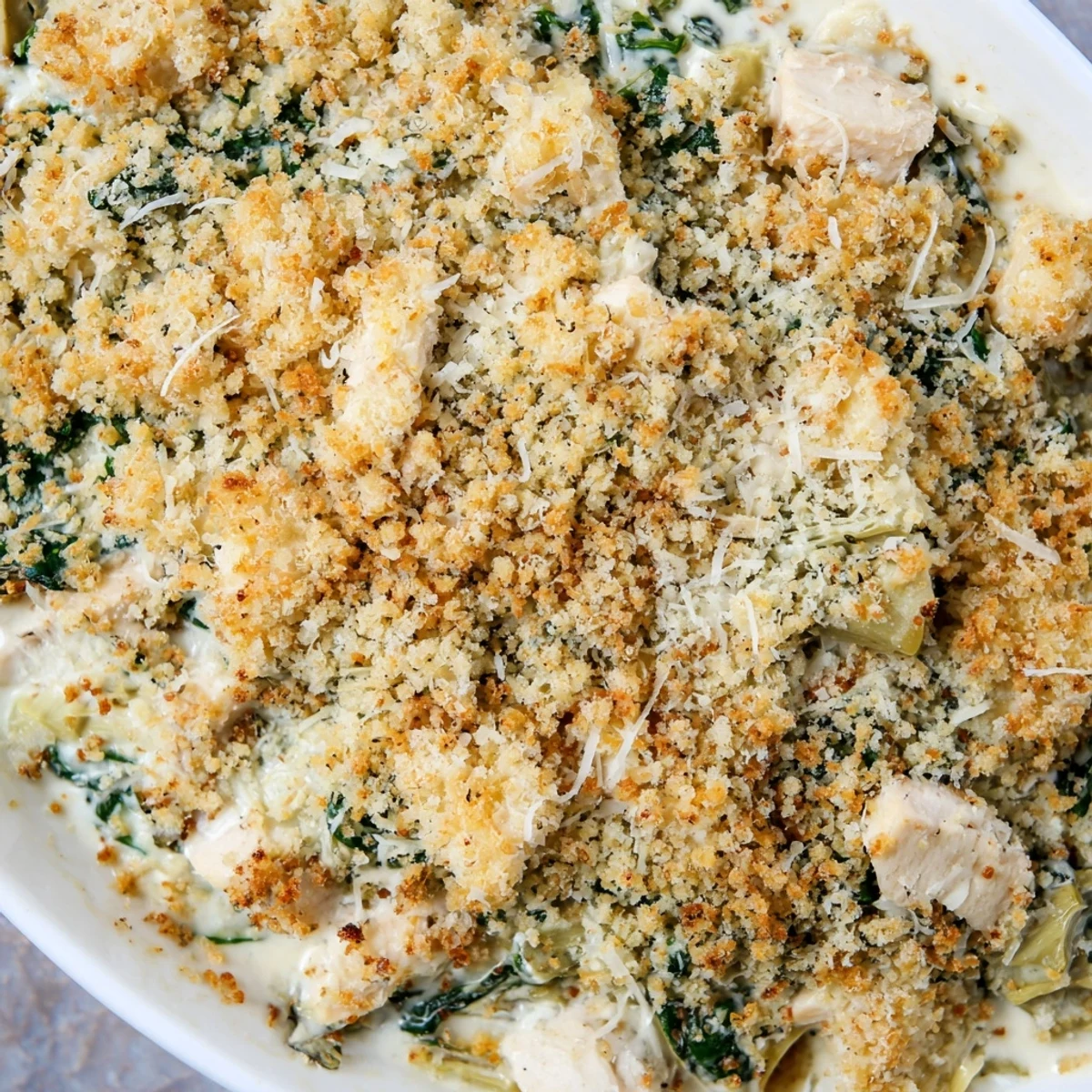 Golden brown high protein spinach and artichoke chicken casserole topped with crispy parmesan breadcrumbs in a baking dish