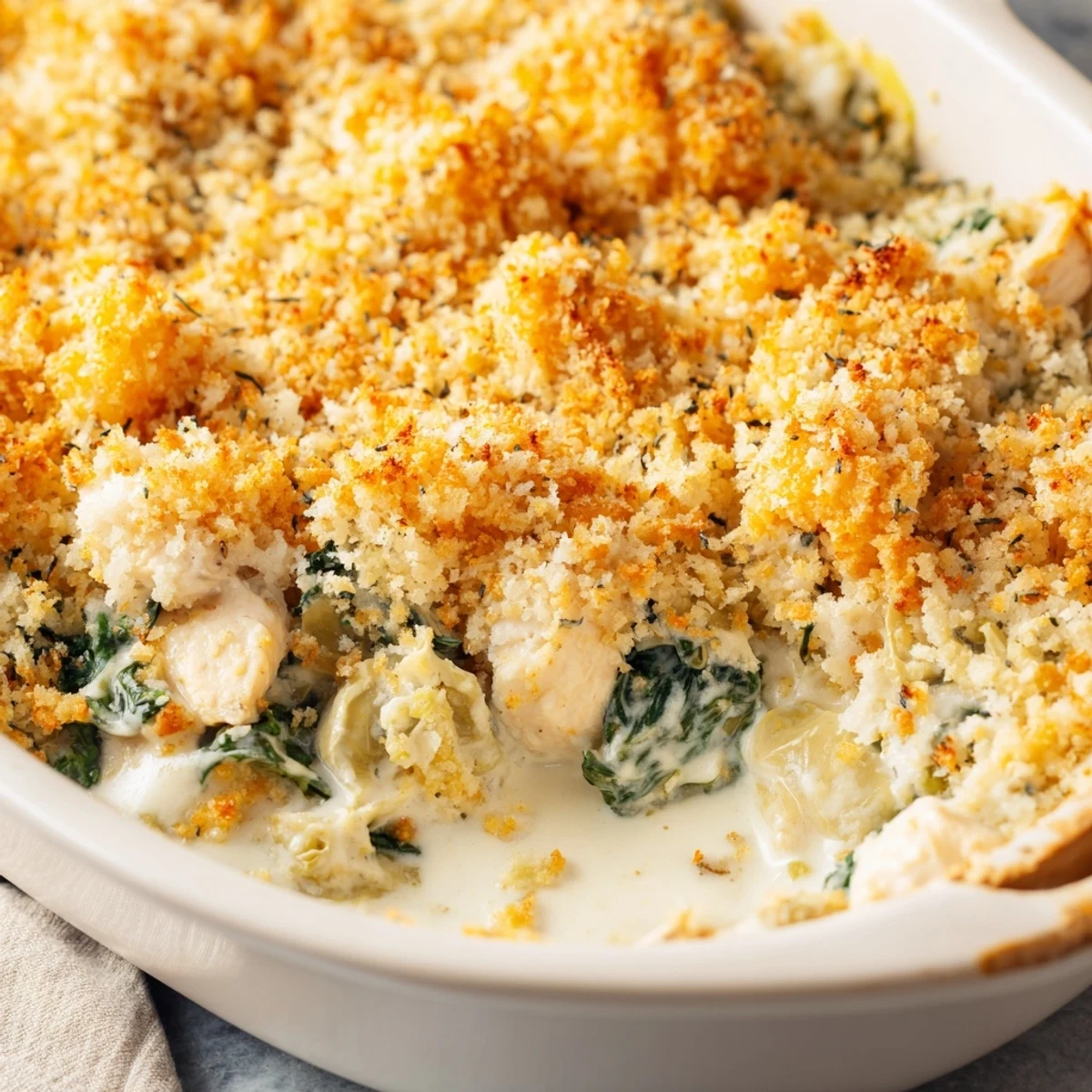 Creamy bubbly spinach and artichoke chicken casserole fresh from the oven with golden crumb topping and melted cheese