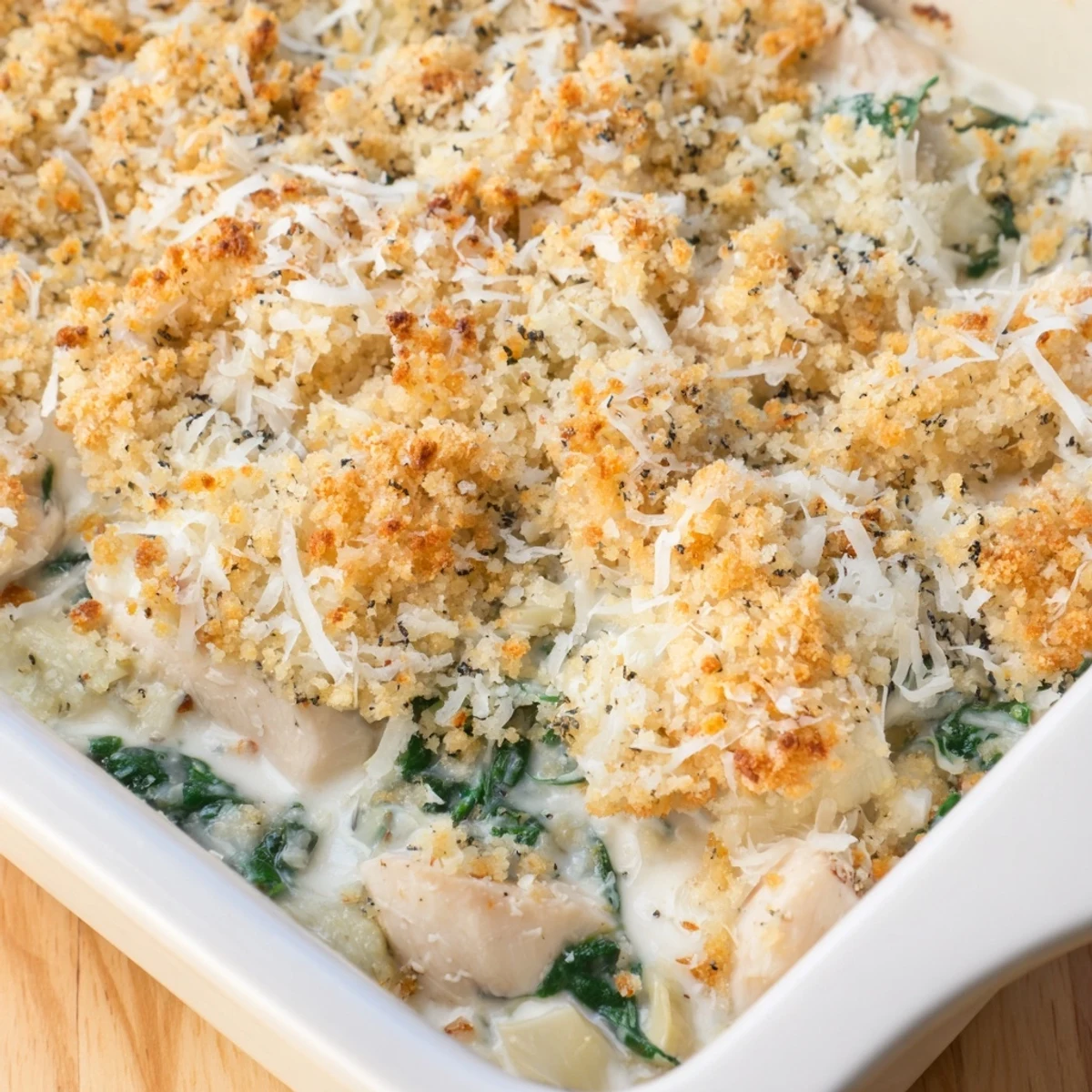 Spoonful of cheesy high protein spinach and artichoke chicken casserole showing tender chunks and creamy vegetable sauce