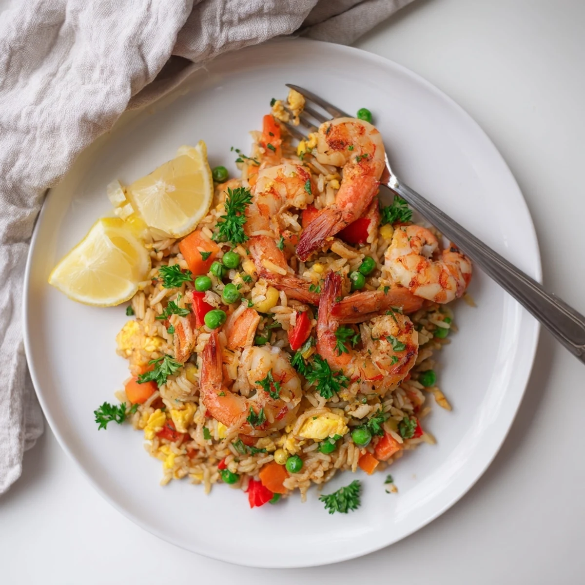 Golden garlic prawns atop colorful sweet chilli fried rice with fresh vegetables garnished with parsley