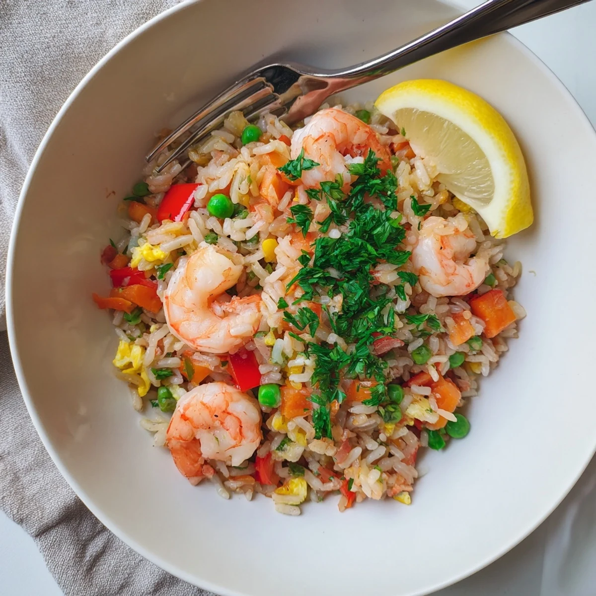 Close up of garlic butter prawns arranged on sweet chilli fried rice with spring onions and peas