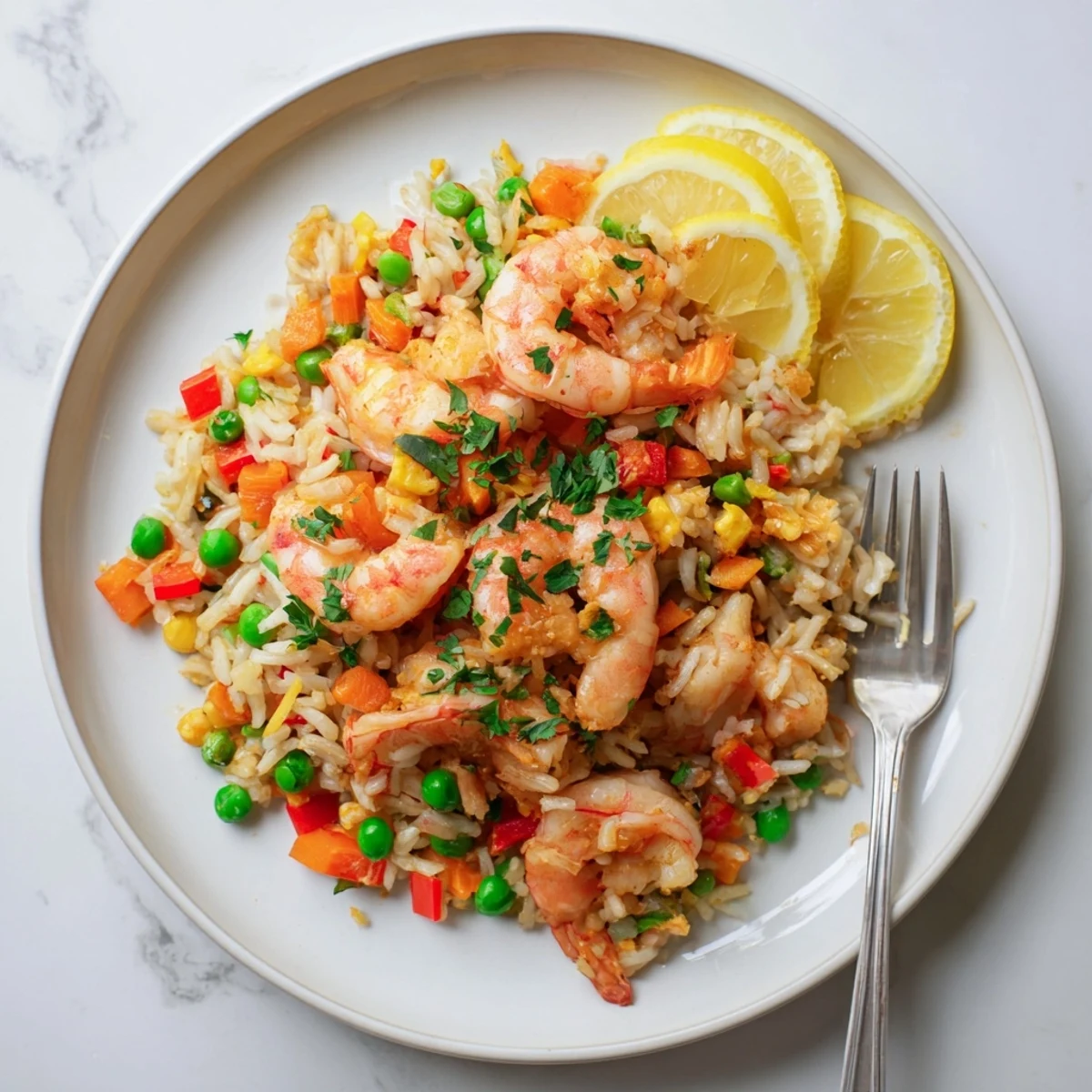 Vibrant Asian fusion plate featuring juicy prawns over sweet chilli fried rice with diced vegetables