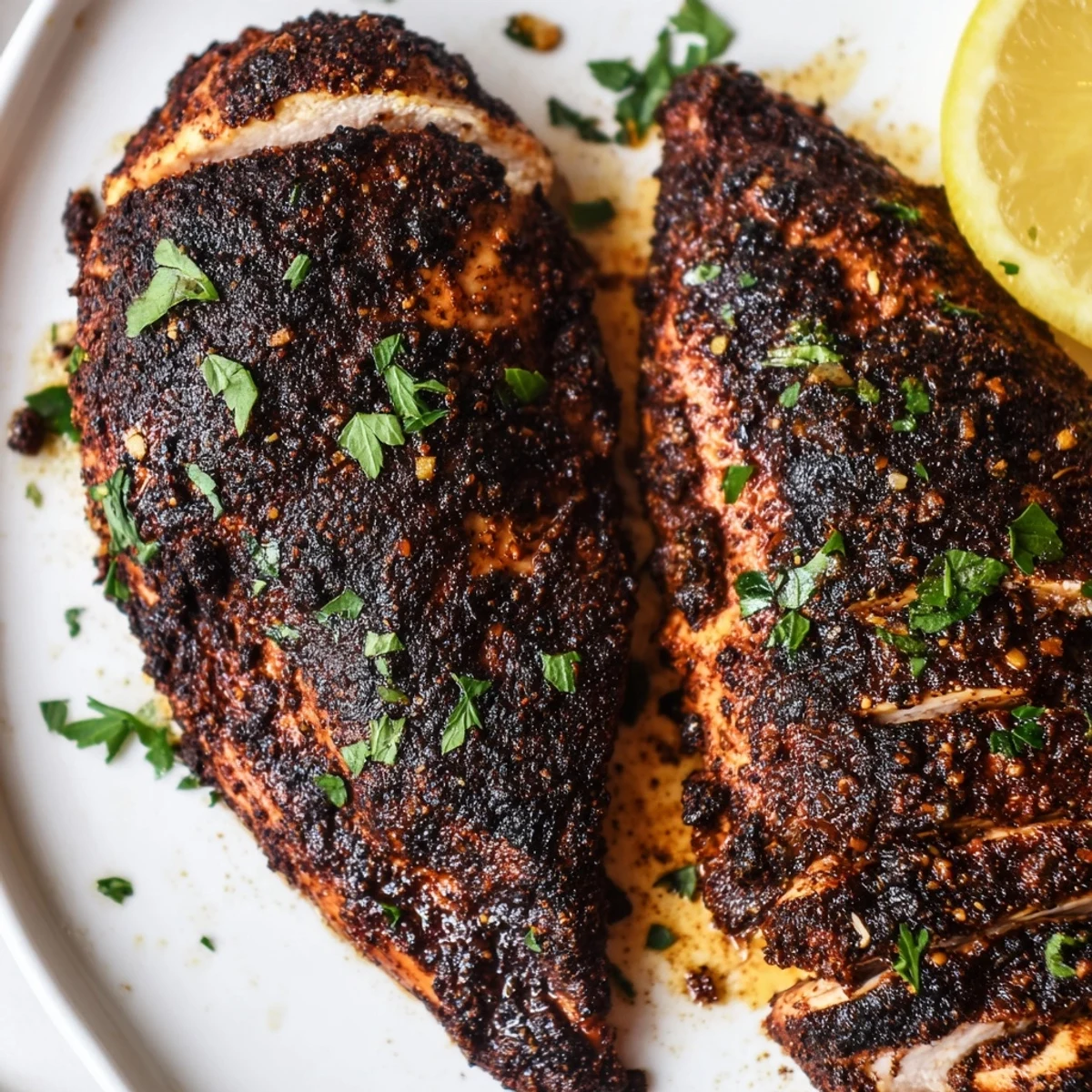 Golden brown blackened chicken breasts with dark crispy spice crust on white plate