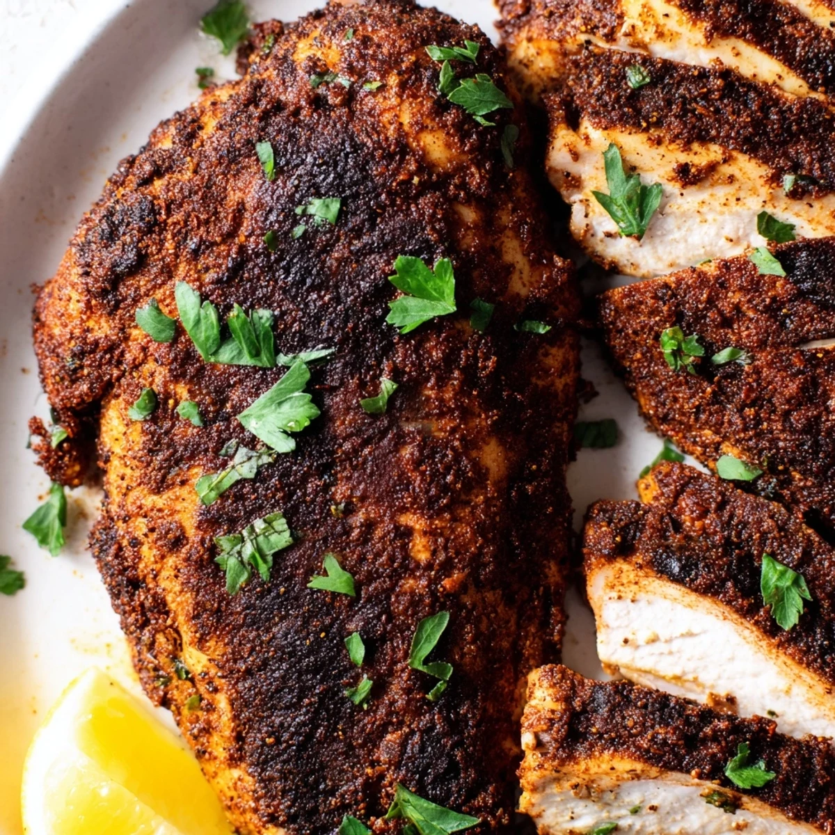 Juicy sliced blackened chicken showing smoky charred edges and tender white meat inside