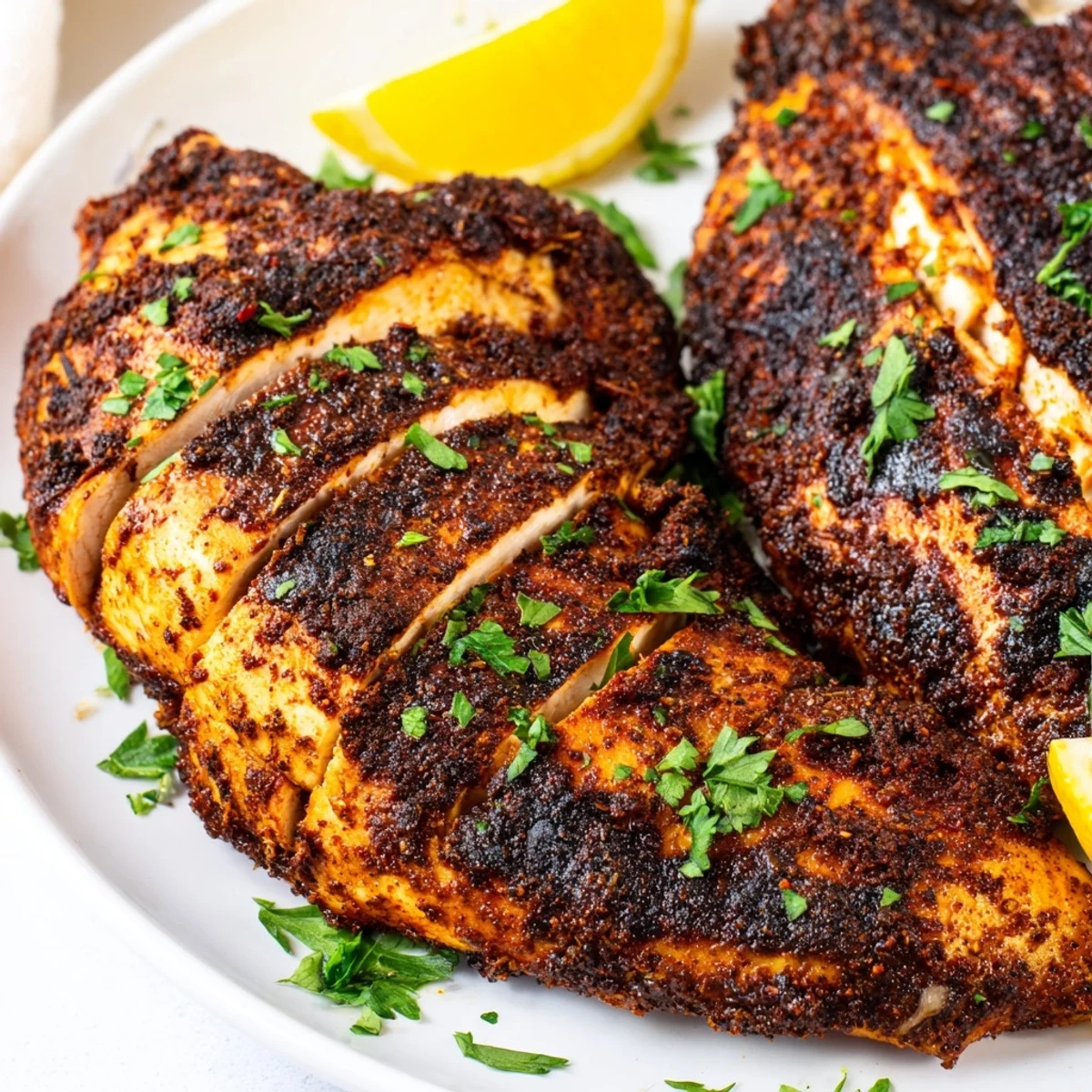 Crispy blackened chicken fillet with rich Cajun spices garnished with fresh parsley