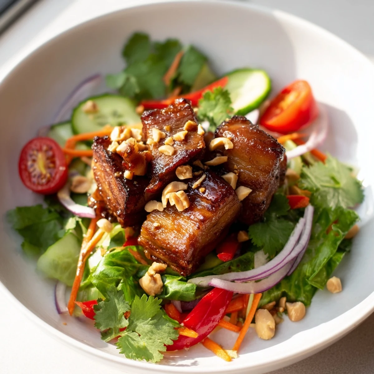 Golden crispy pork belly pieces coated in glossy sweet and sour sauce atop fresh mixed salad greens