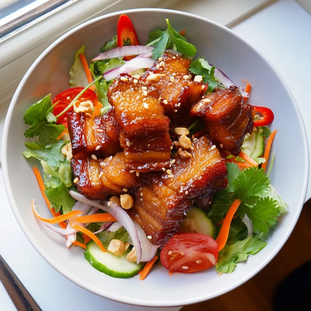 Vibrant Asian fusion salad featuring tender roasted pork belly with tangy glaze over colorful sliced vegetables and herbs